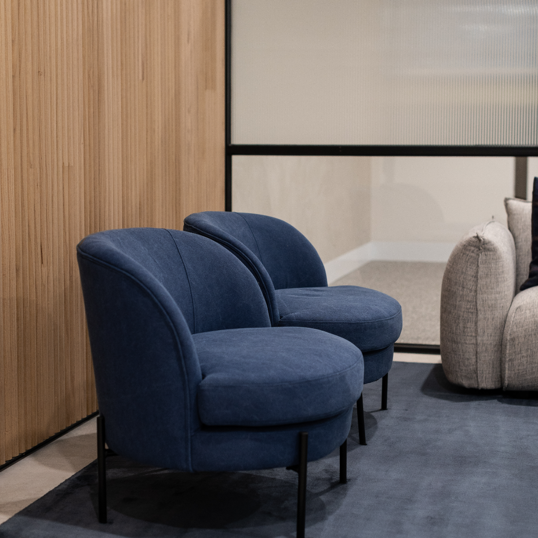 Two navy blue armchairs with black legs in a modern living room, partially visible gray sofa, wood accent wall, and beige carpet.