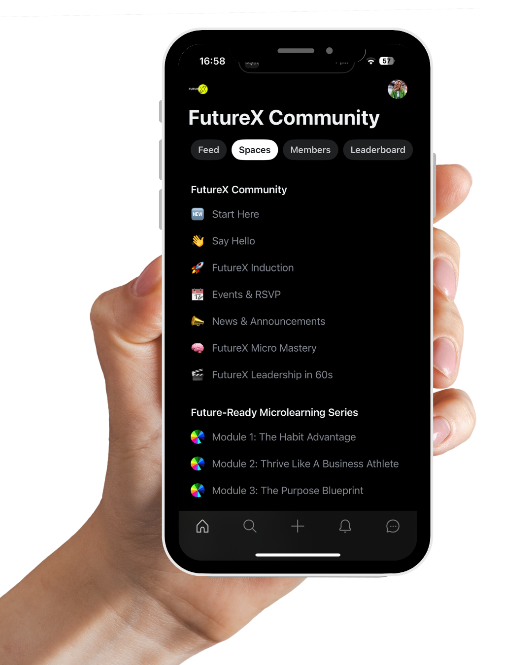 Hand holding a smartphone displaying the FutureX Community mobile app interface with various community sections and module listings.