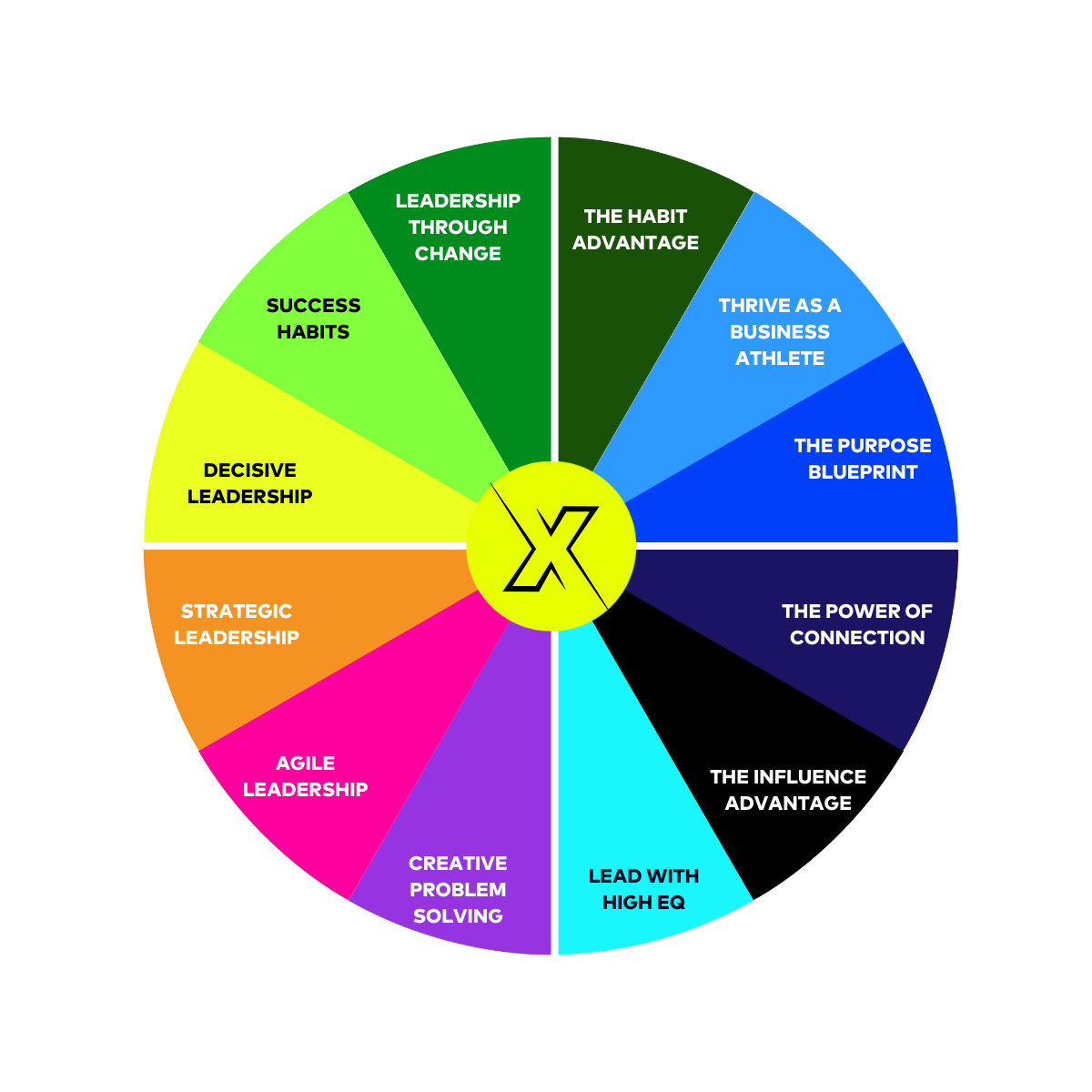 A colorful circular chart displaying fourteen leadership qualities and skills, grouped into four categories: Resilient Leadership, Personal Mastery, Creative Leadership, and Influence & Connection.