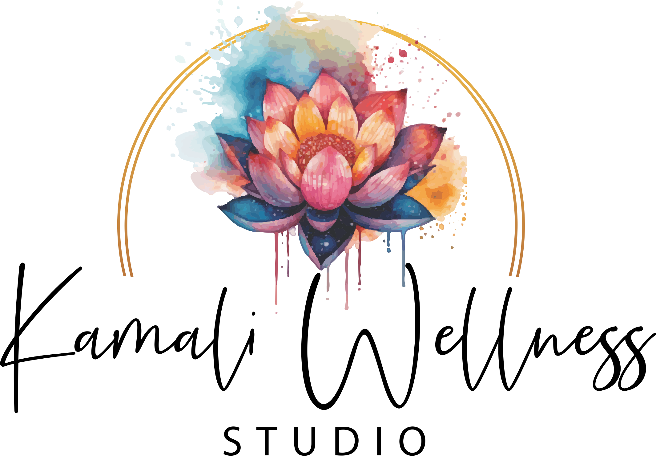 A watercolor painting of a pink lotus flower with green and yellow accents around the petals.