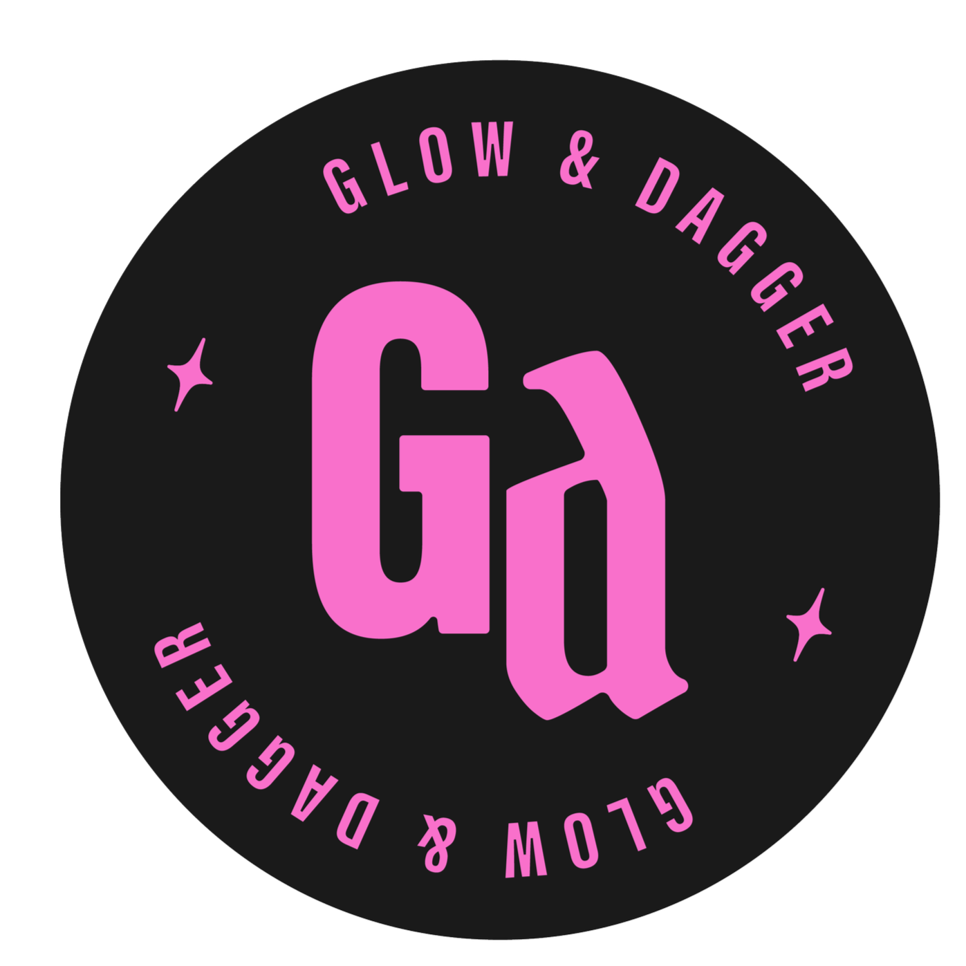 A circular logo with a black background and pink text. The large, stylized letters "GQ" are in the center. Around the top edge, it says "GLOW & DAGGER" and around the bottom edge, it says "GLOW & DAGGER" again, indicating a brand or event name. There are small star-like icons on either side of the logo.