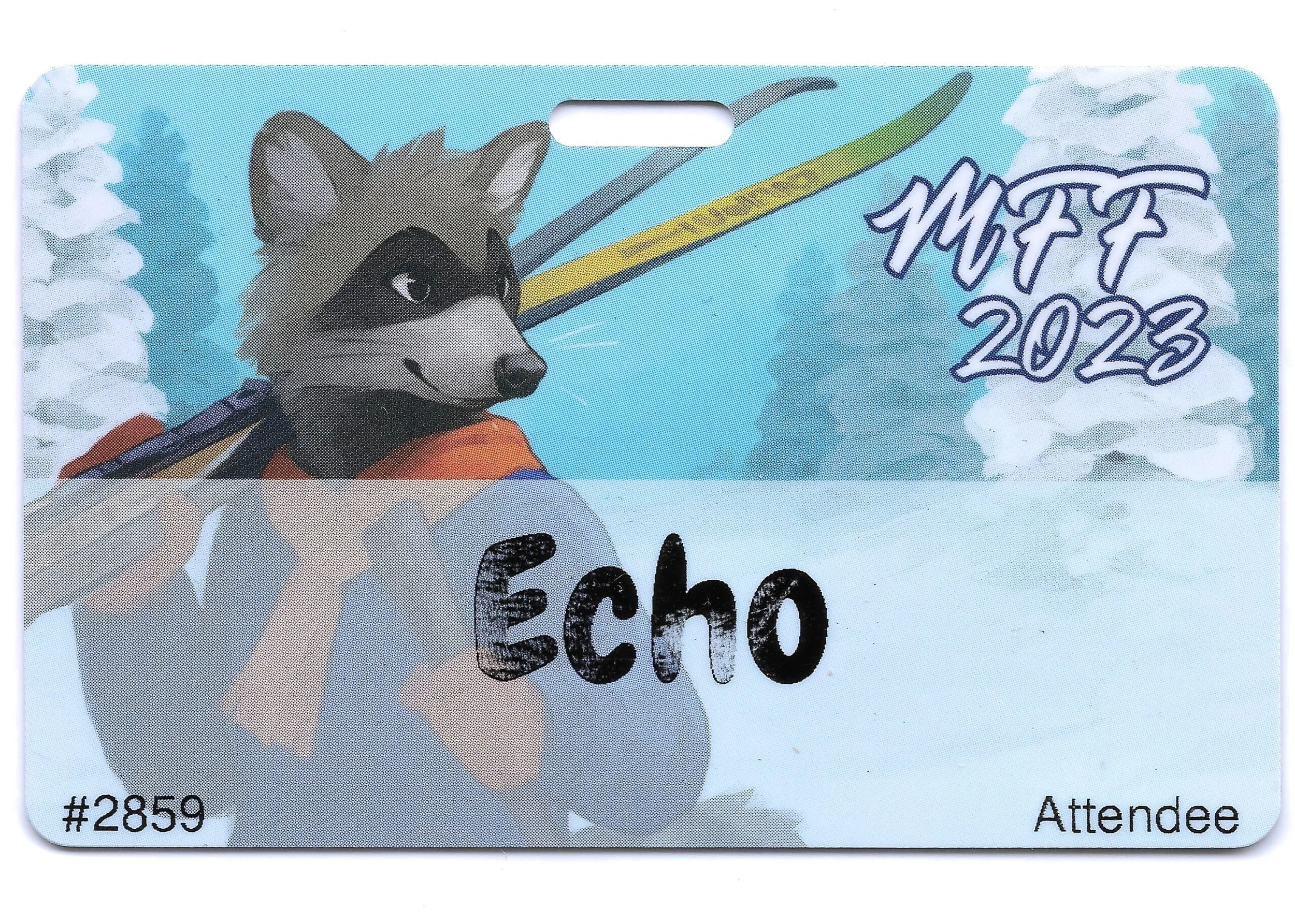 A ski pass featuring a cartoon raccoon wearing tactical gear and holding ski poles, with snowy trees and mountains in the background, and text indicating 'MIFF 2023' and the word 'Echo'.