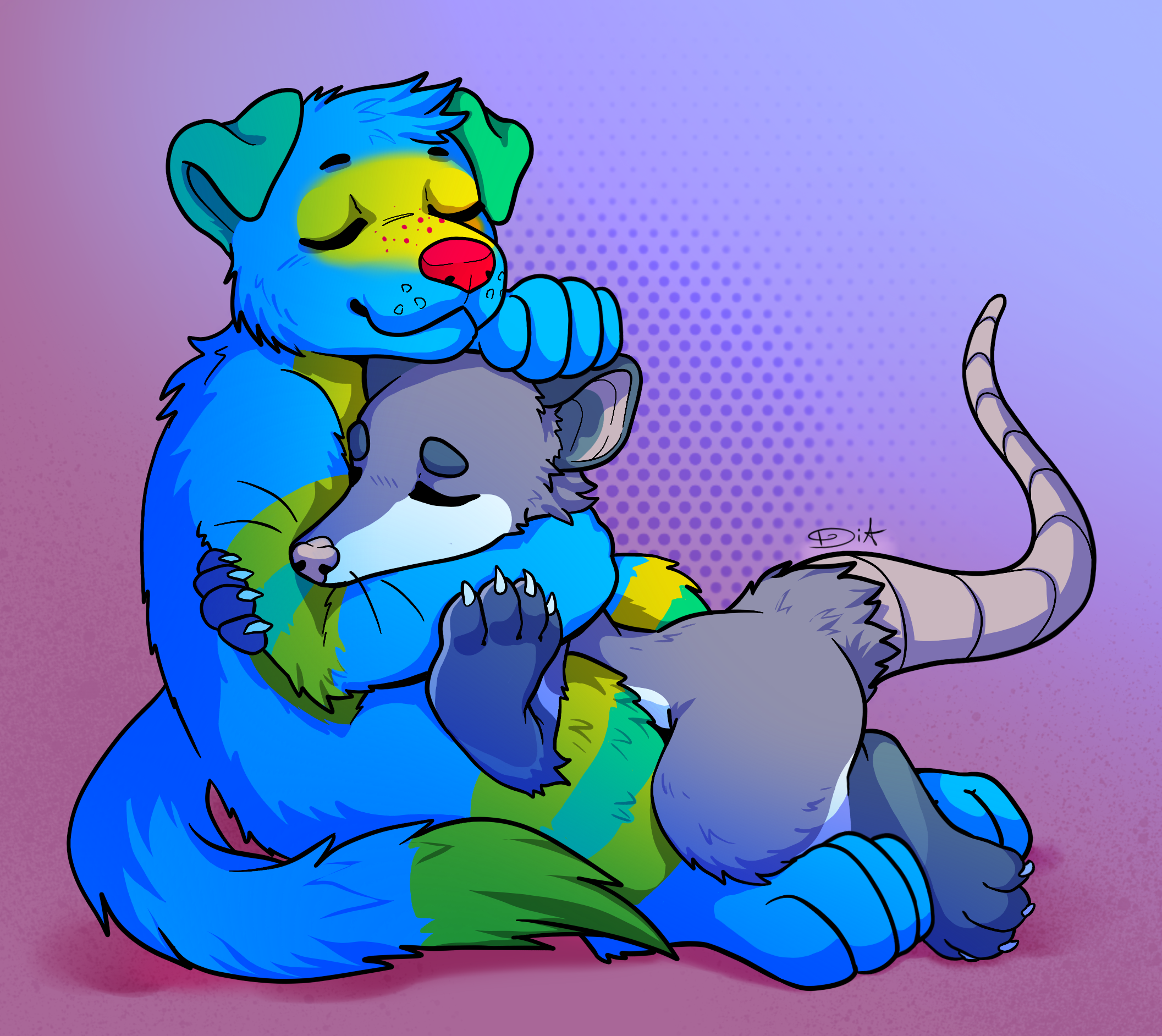 Colorful digital art of a blue, green, and yellow feline and a gray wolf cub hugging each other affectionately against a pink and purple dotted background.
