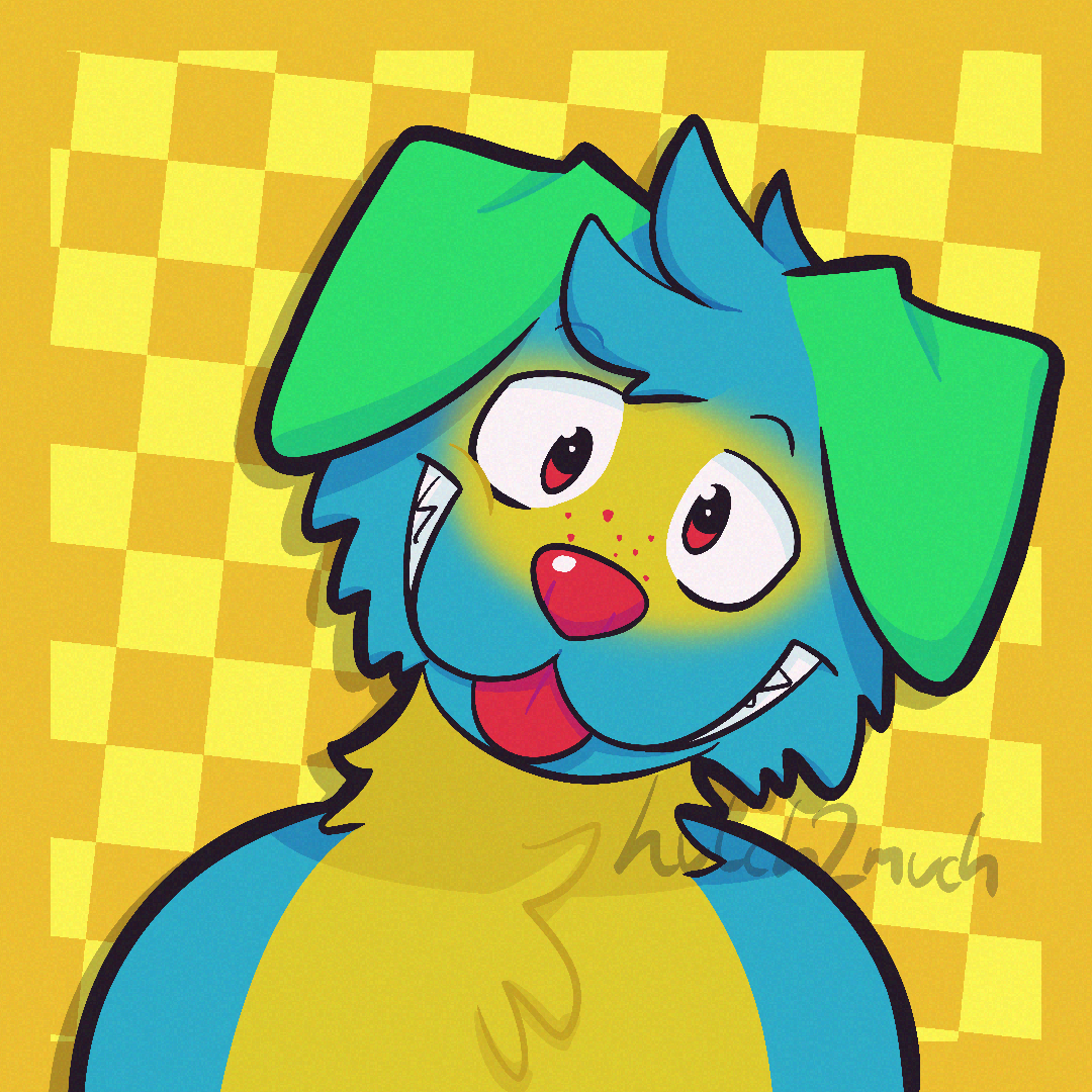 Colorful digital illustration of a cute cartoon dog with green ears, blue fur, and a yellow body, smiling with tongue out, set against a yellow checkered background.