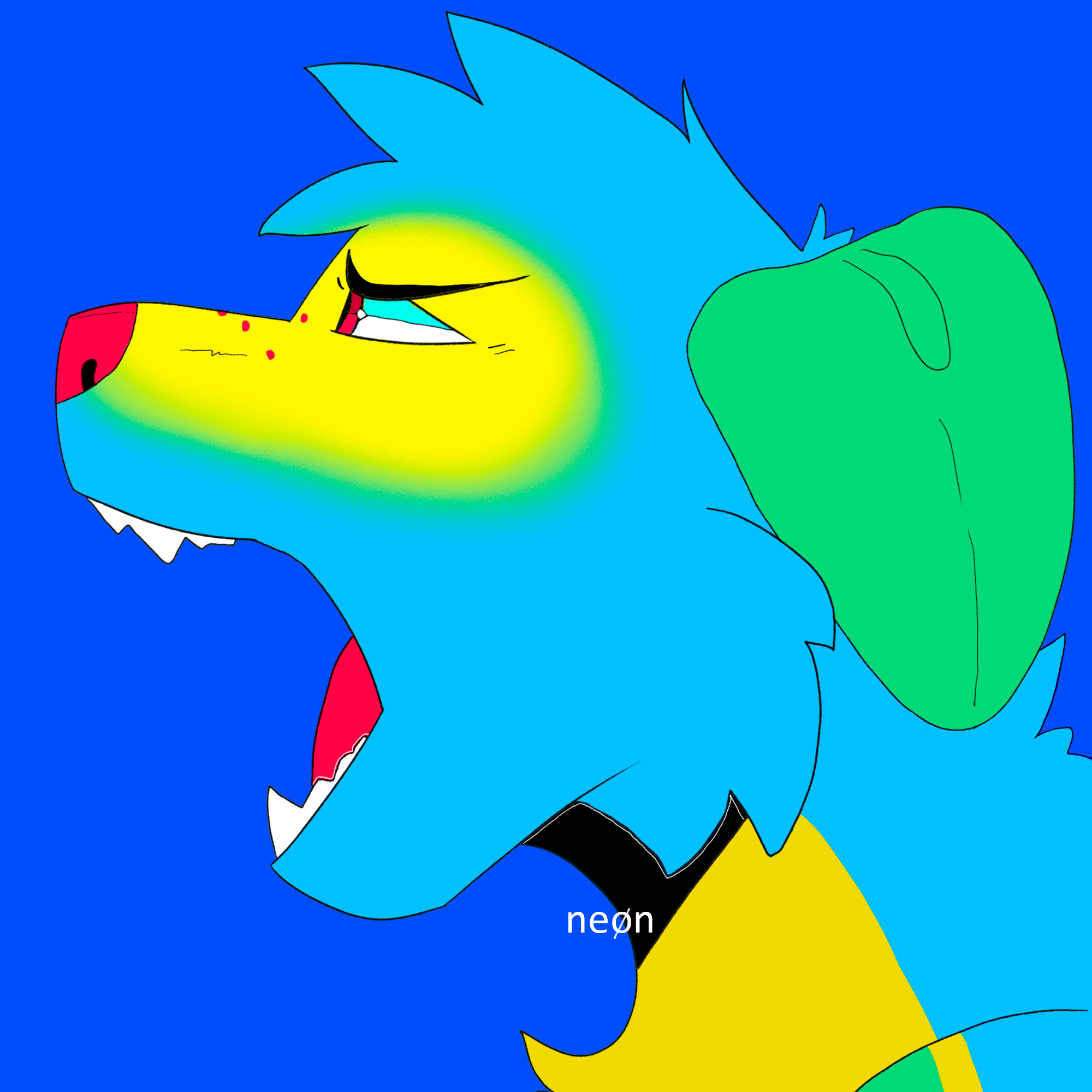 Colorful digital artwork of a stylized shark with a neon gradient, outlined in black, on a blue background.