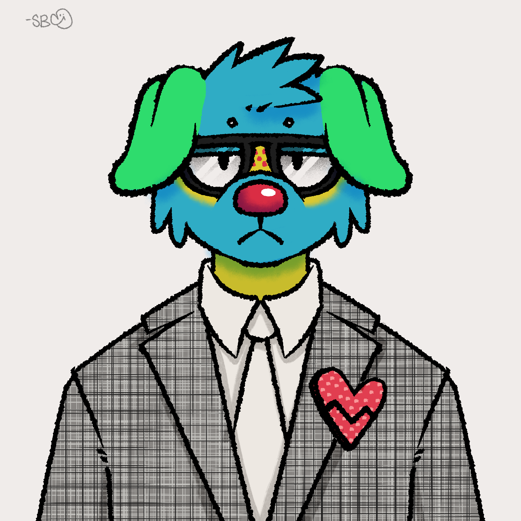 A colorful illustration of a dog dressed as a businessman wearing glasses, a suit, a checkered shirt, and a red heart-shaped badge on the suit's lapel.