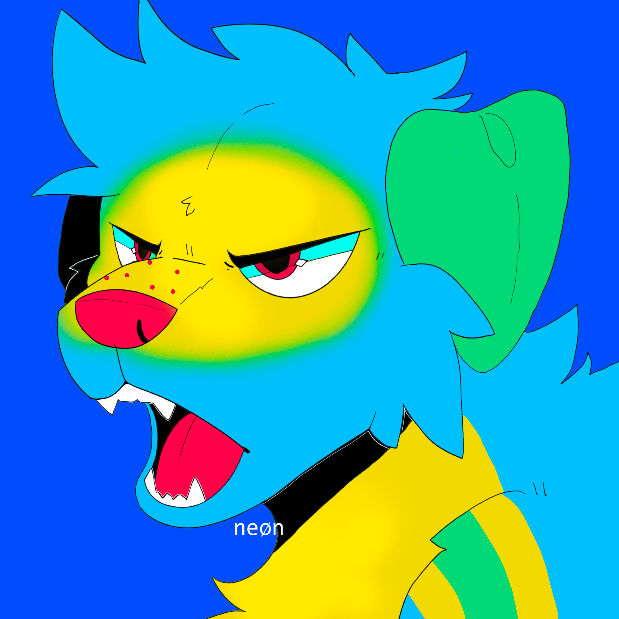 A digital artwork of a cartoon character resembling a lion, with a yellow face, red tongue, and red spots, featuring light blue hair and a green mane, set against a blue background.