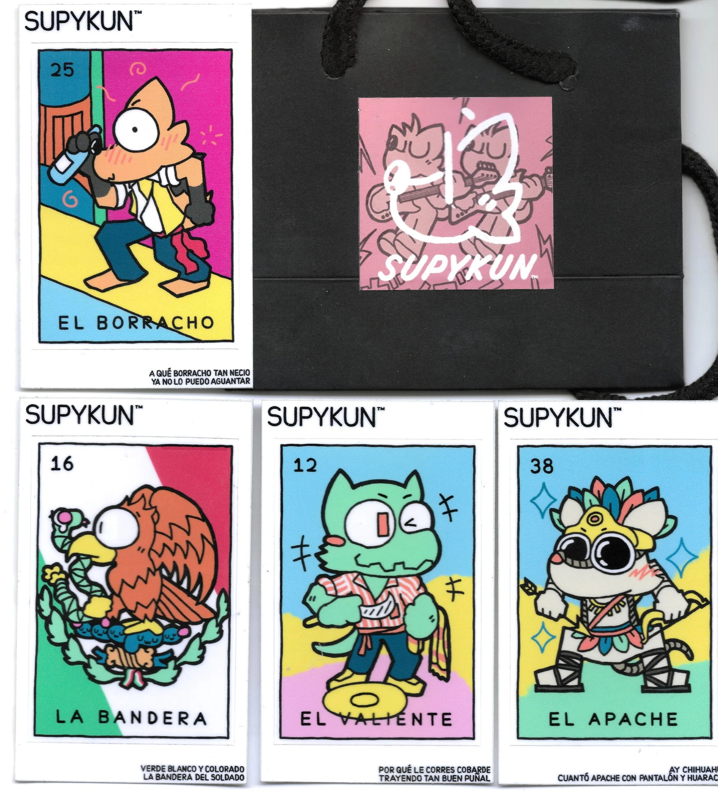 Collection of four colorful cartoon cards and a pink sticker, featuring characters with humorous names and designs, and one sticker on a black background with the SUPYKUN logo.