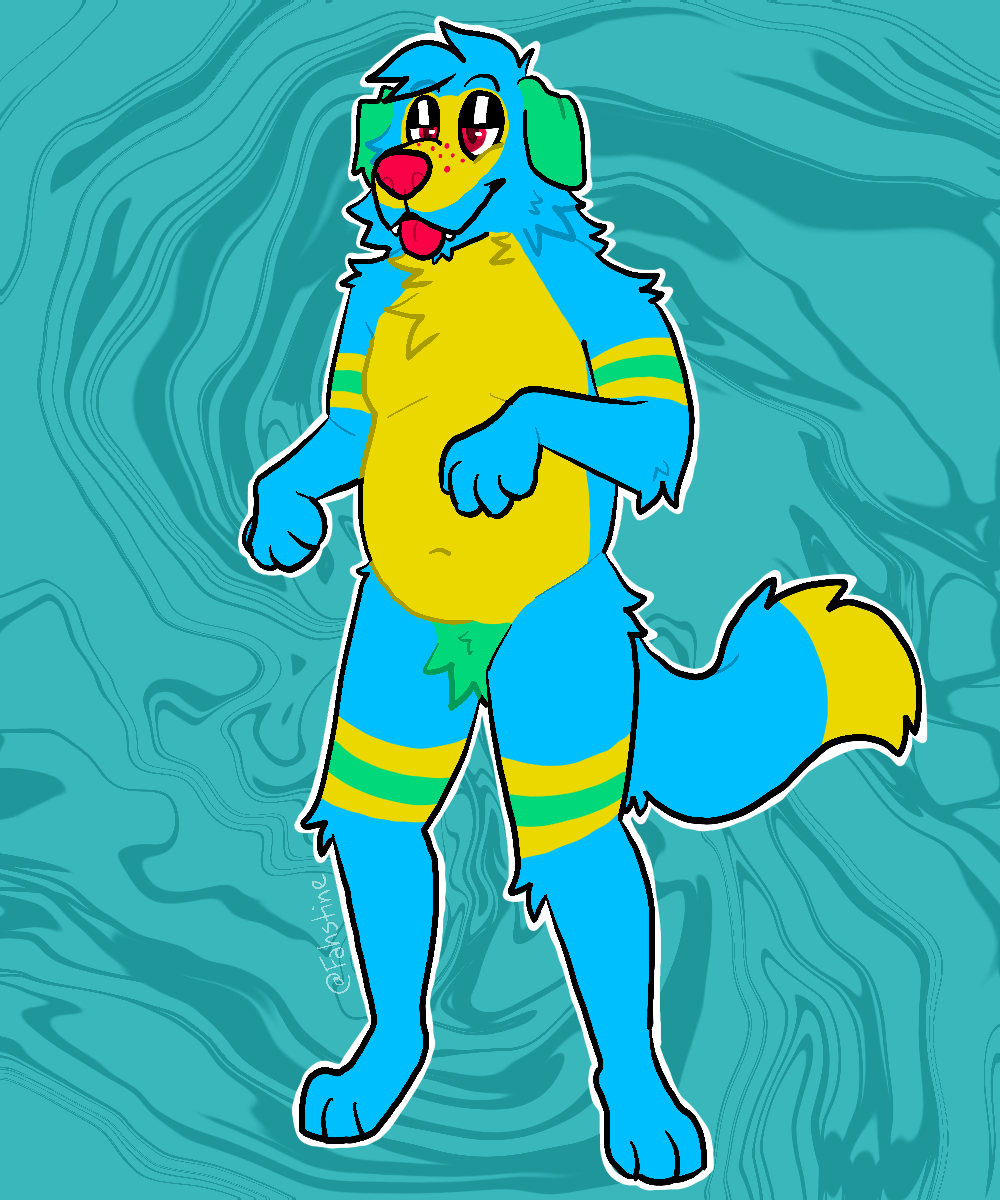 A colorful cartoon anthropomorphic dog standing against a swirling teal background, with yellow fur on the chest and green on the cheeks, blue fur on the limbs and tail, and wearing green and yellow striped bands on its arms and legs.