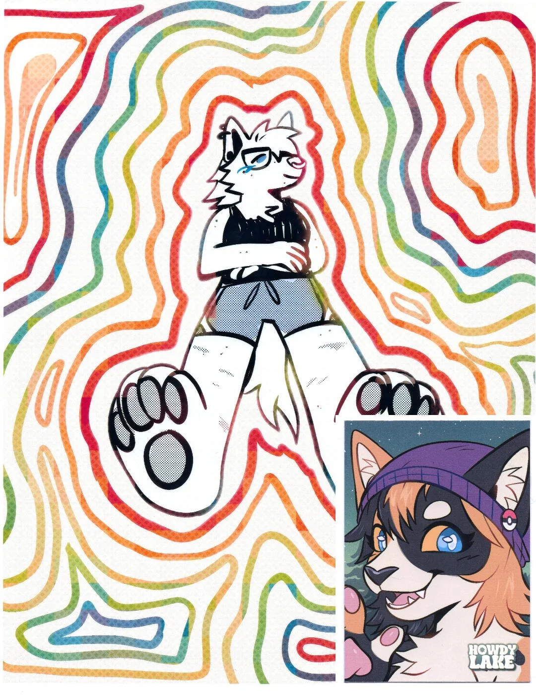 A cartoon-style drawing of an anthropomorphic fox with glasses, wearing a black shirt and shorts, standing with arms crossed on a colorful, abstract, wavy background. In the lower right corner, there is a smaller, colorful, animated illustration of a dog with a purple beanie and blue eyes, with the text "HOWDY LAKE".