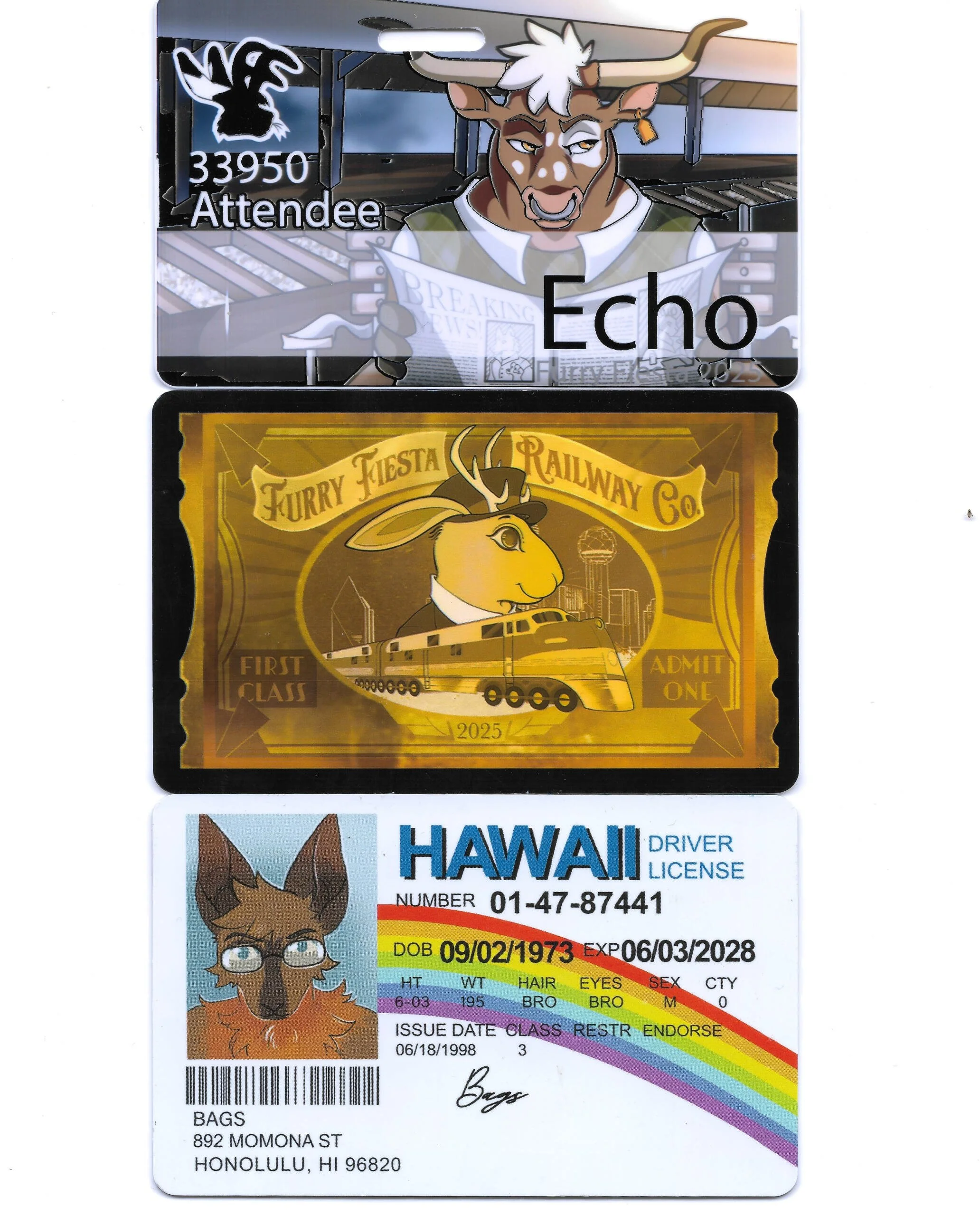 Three tickets: a concert ticket with a cartoon bull reading a newspaper, a train ticket with a cartoon deer in a hat and train, and a Hawaii driver license with a cartoon brown dog wearing glasses.