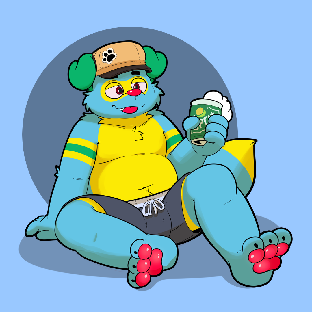 A cartoon blue-furred creature with red eyes, wearing a yellow and green striped shirt, black shorts, and a cap, sitting on the ground and holding a green soda can with foam, with its feet showing red paw pads.