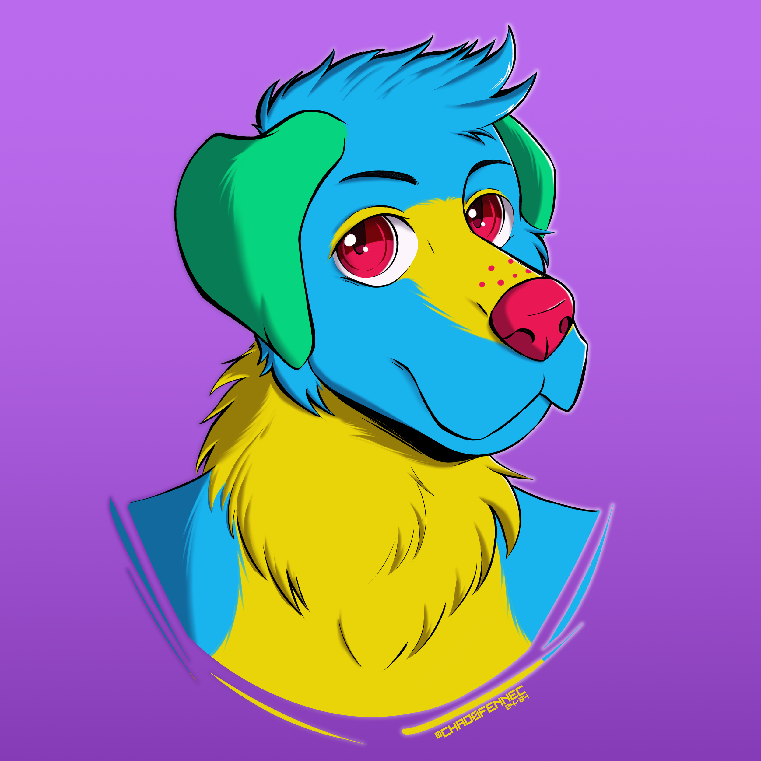 Digital illustration of a colorful canine character with blue face, yellow fur, green ears, and pink eyes, set against a purple background.