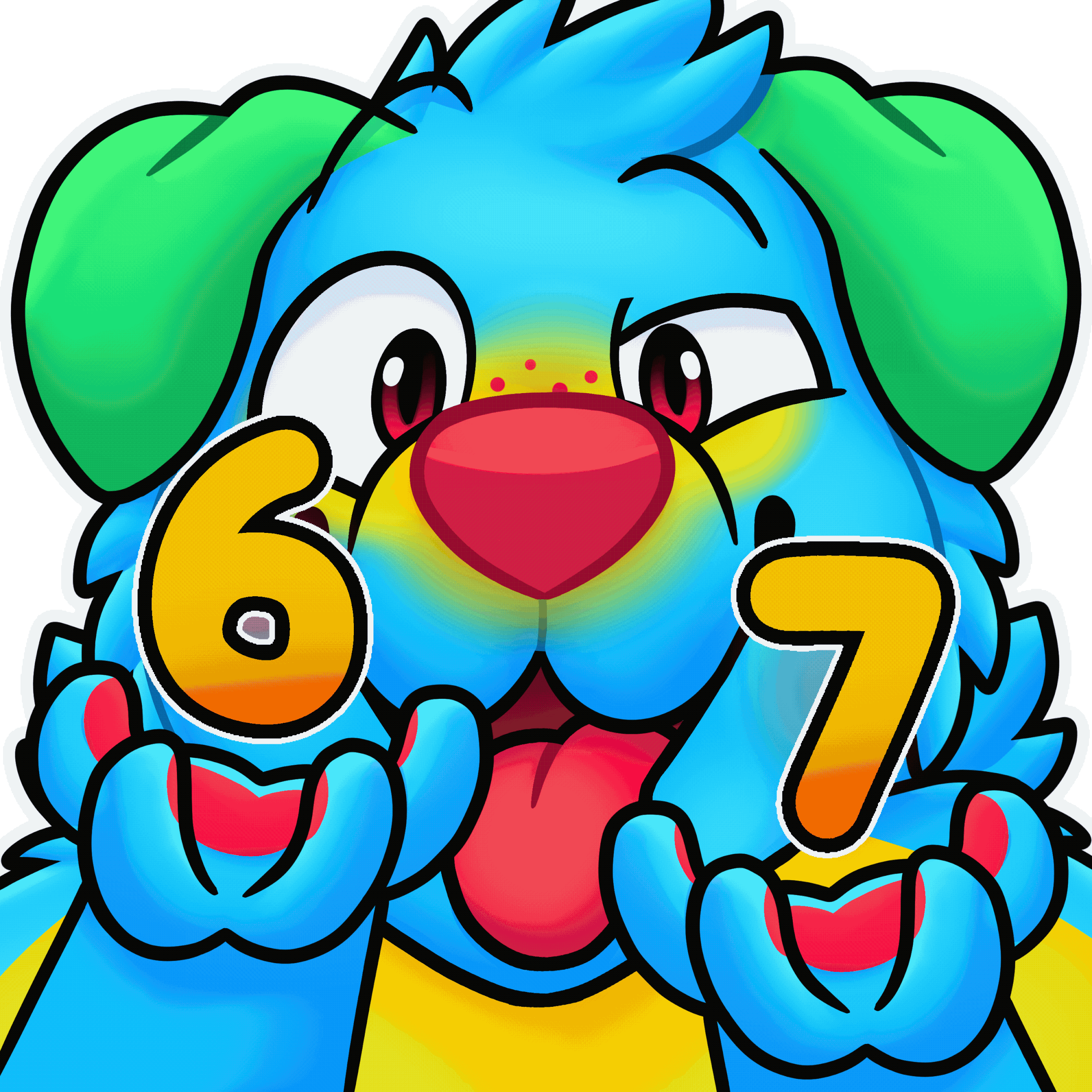 Colorful cartoon dog with green ears and red nose holding a number 6 in one hand and 7 in the other, celebrating a 67th anniversary or milestone.
