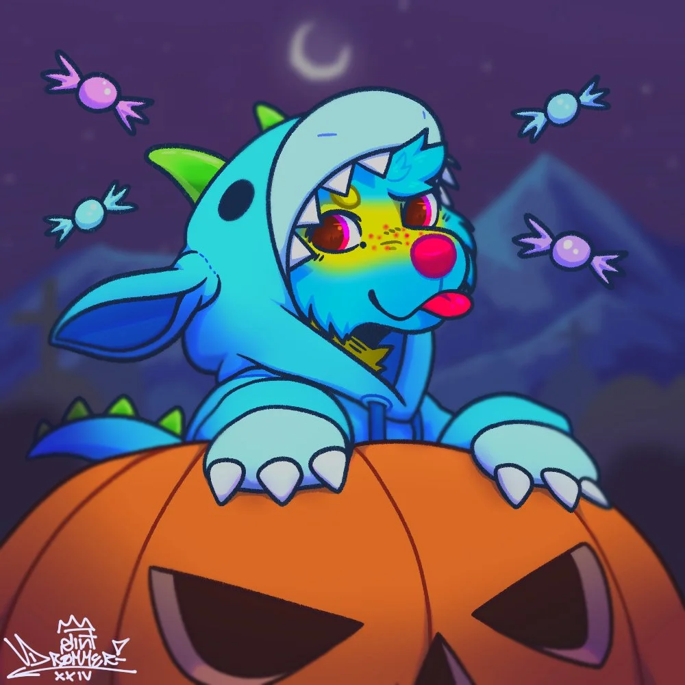 A colorful cartoon creature with a dinosaur or dragon costume, sitting on a carved pumpkin with a smiling face. The creature has bright red eyes, a nose, and its tongue sticking out, with a yellow face and blue fur. The background shows a night sky w