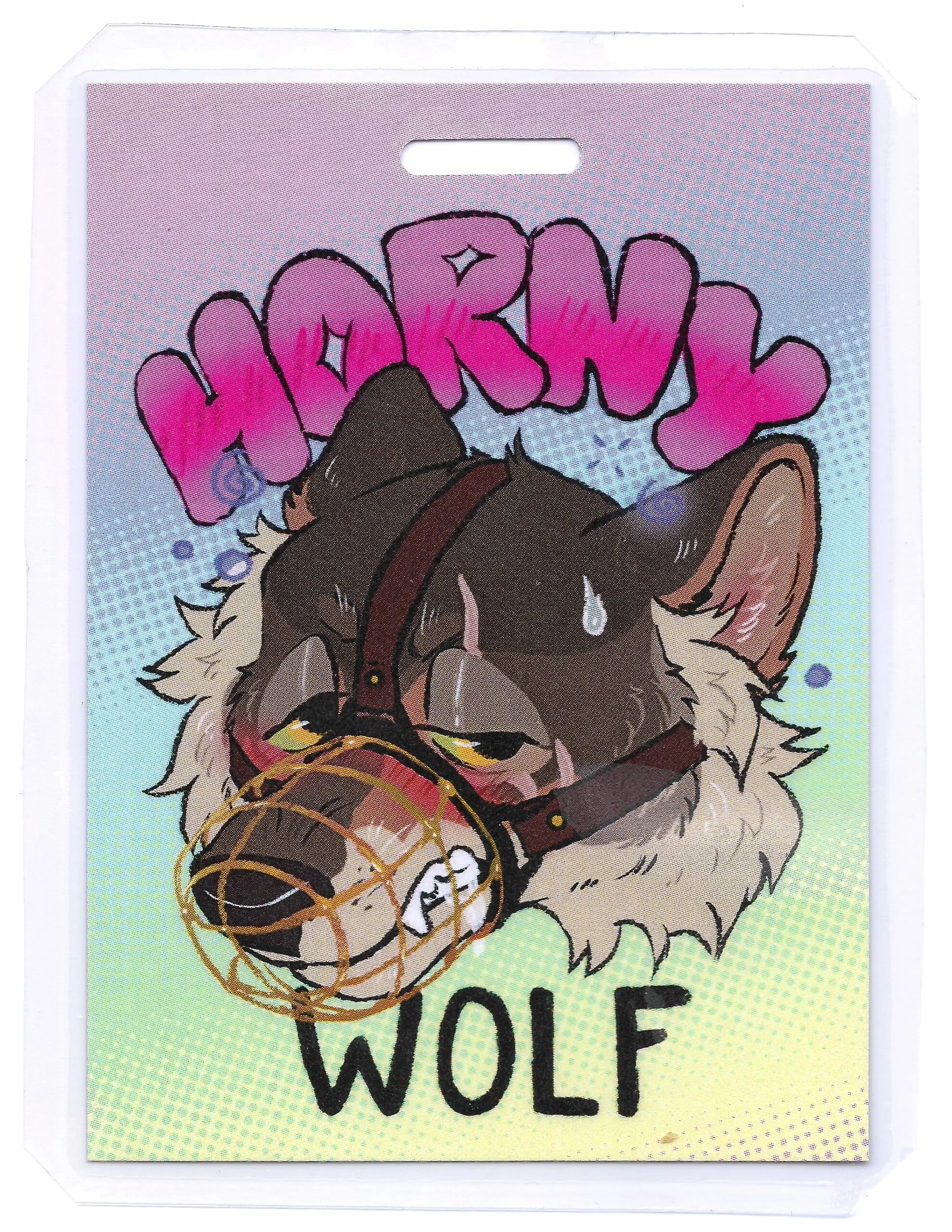 Cute cartoon wolf with a bark collar, wearing a muzzle, and a label that says 'WOLF', with a colorful background and stylized pink text that says 'WORRY'.