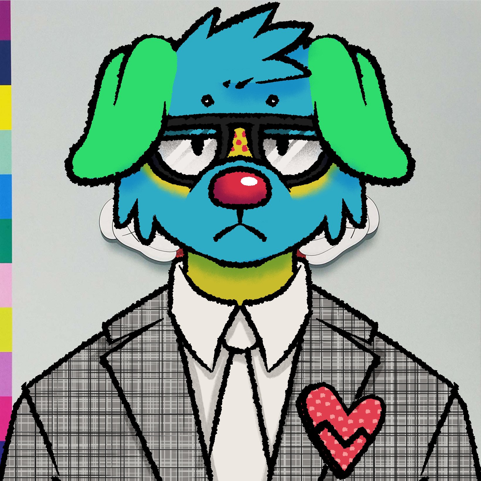 A pixel art-style drawing of a puppy wearing glasses, a checked suit, and a polka dot heart on the lapel with a rainbow-colored background.
