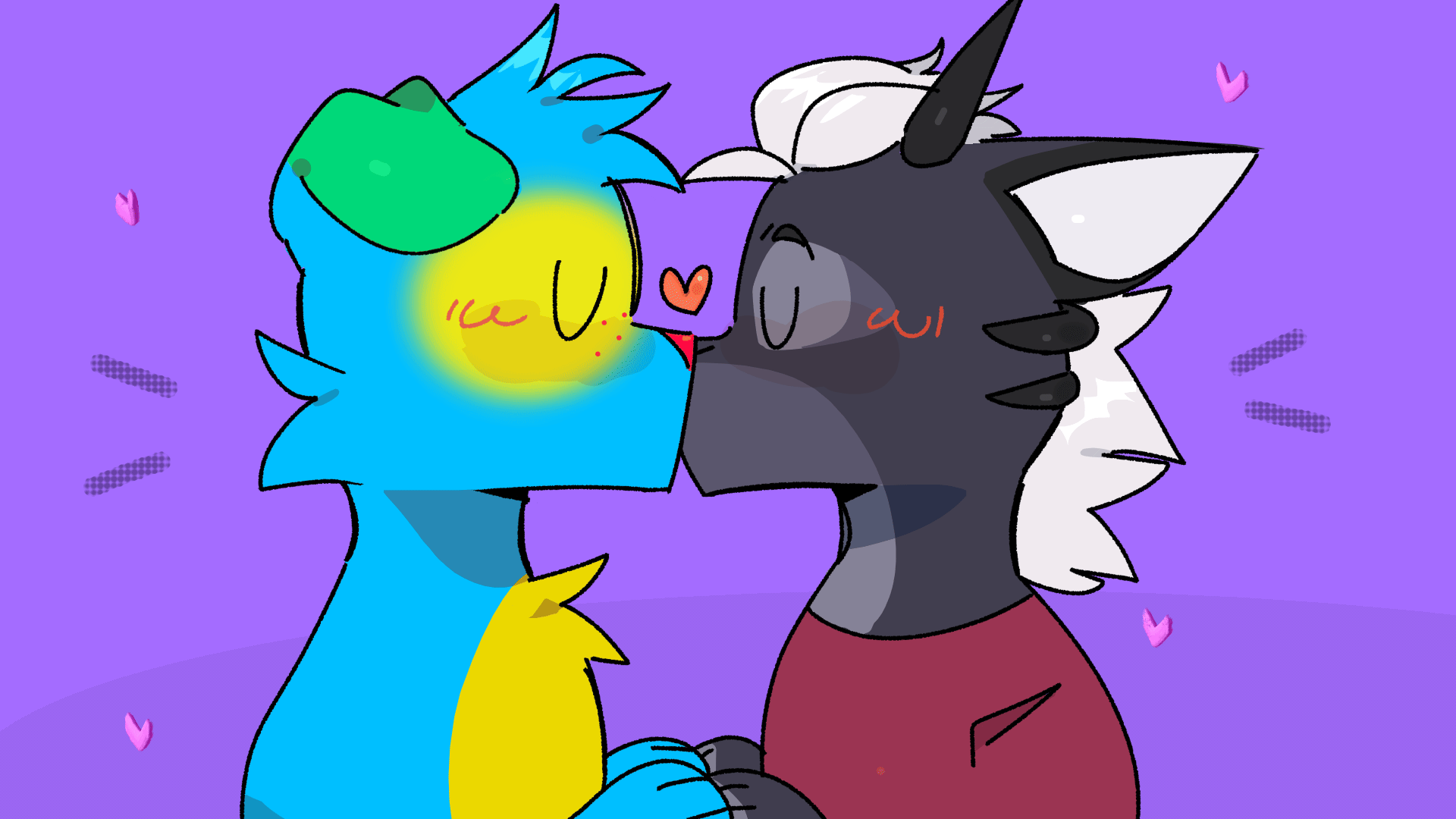 Two cartoon animals, a blue and yellow unicorn and a black and white wolf, are sharing a loving moment with closed eyes and blushing cheeks, surrounded by small pink hearts on a purple background.