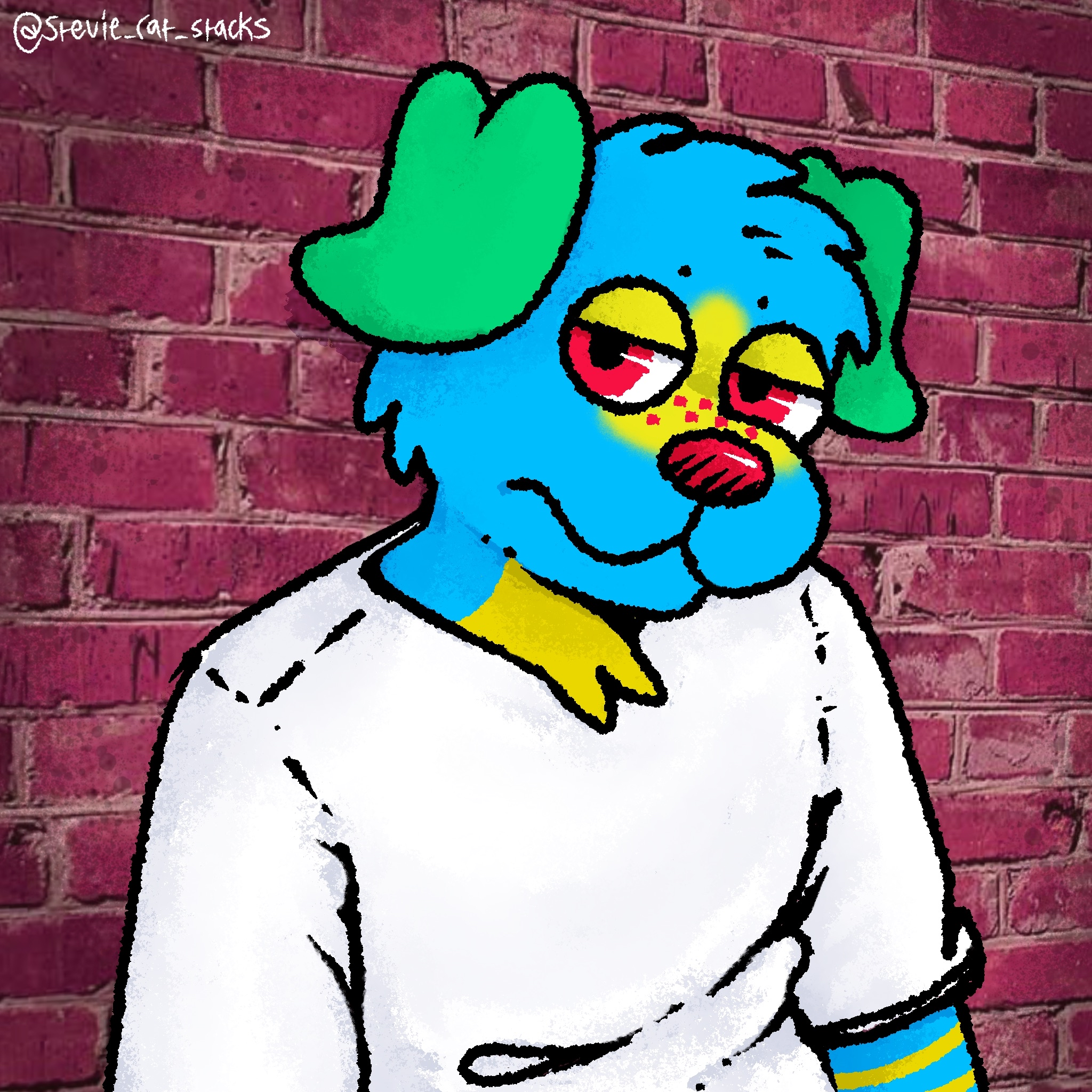 Colorful cartoon dog with blue fur, green ears, and yellow eyes, wearing a white shirt against a brick wall background.