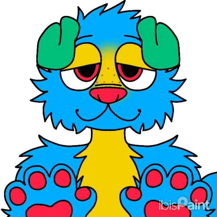A colorful cartoon creature with blue fur, yellow accents, and red paw pads, holding its head with green hands and smiling with sleepy eyes.