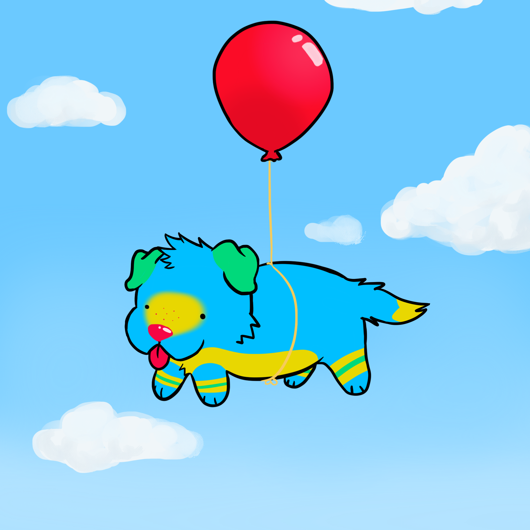A cartoon blue dog flying in the sky holding onto a red balloon, with fluffy white clouds and a bright blue sky.