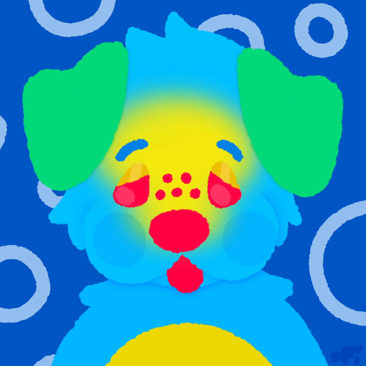 Colorful abstract illustration of a dog's face with large green ears, blue and yellow fur, and red facial features, set against a blue background with white circles.