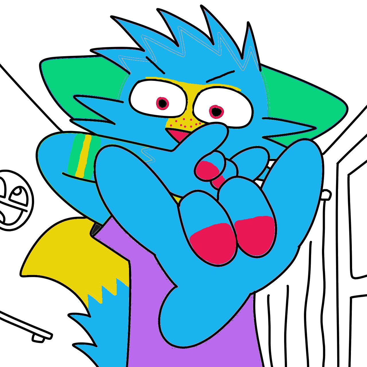 A colorful cartoon character with blue fur, green ears, and a yellow and purple tail, holding and biting a red object, in a room with a window and a clock.