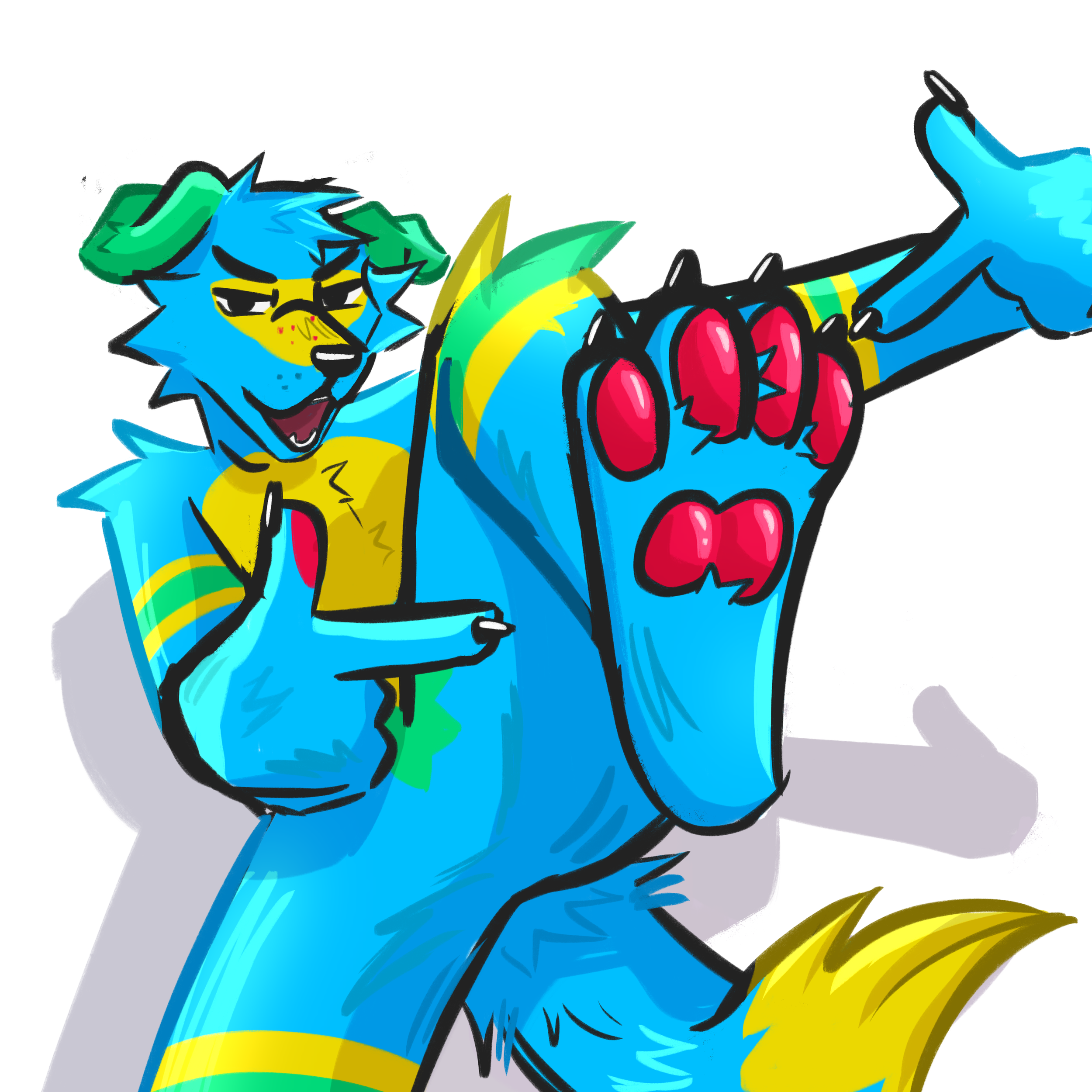 Colorful cartoon dragon with blue, yellow, and green scales, sharp claws, and fierce expression on its face.