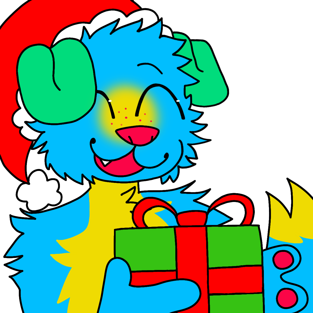 A colorful cartoon dog wearing a Santa hat, holding a Christmas gift, smiling with closed eyes and a happy expression.