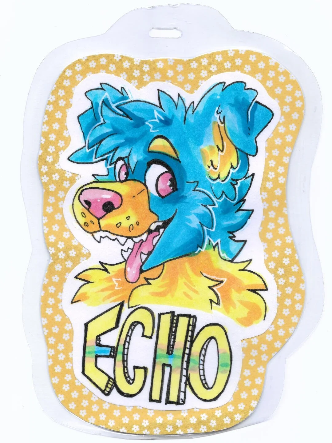 Colorful sticker of a cartoon blue and yellow dog with pink eyes, tongue out, with 'ECHO' written below on a white background with yellow floral border.
