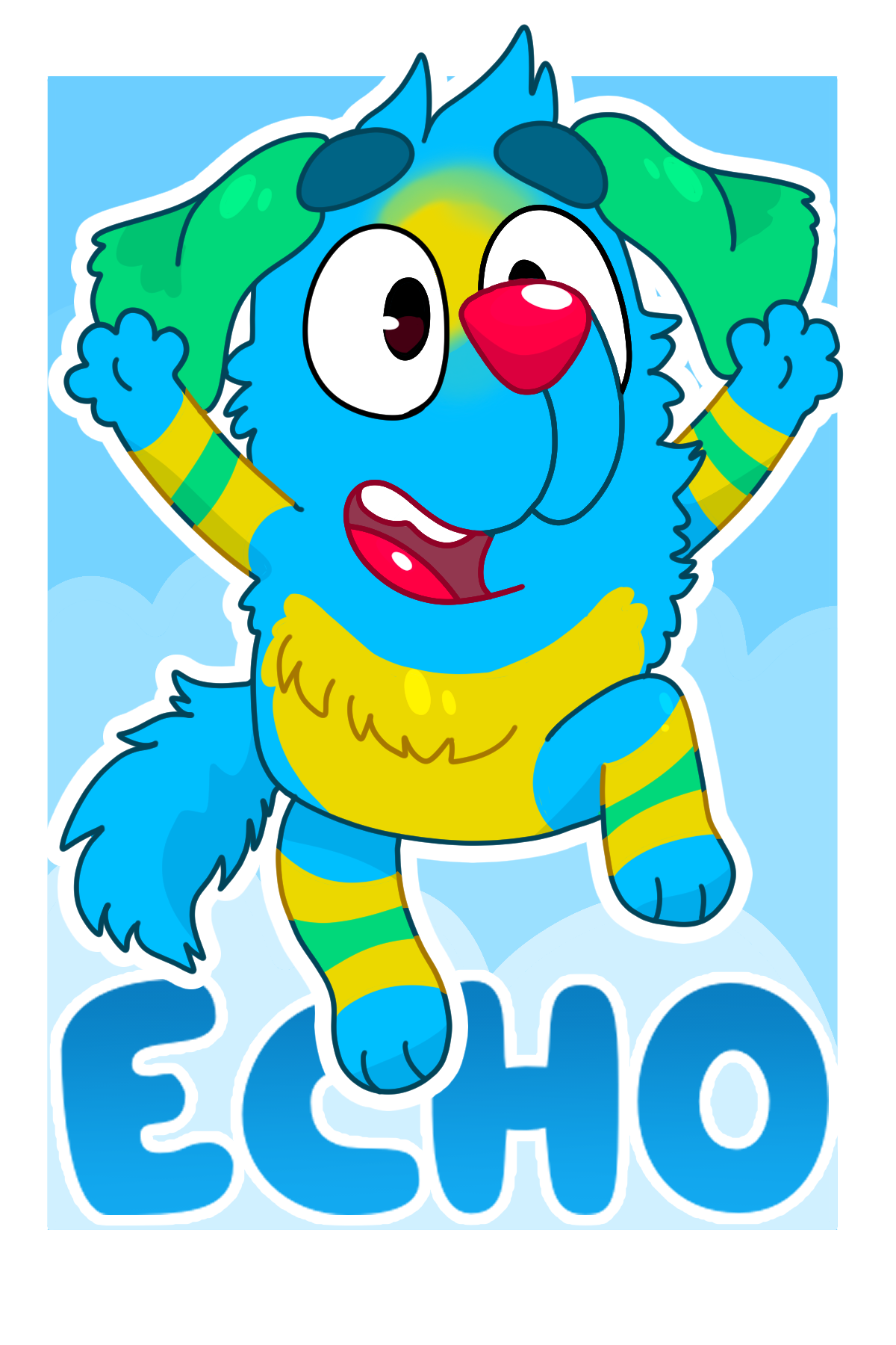 A colorful cartoon character of a blue puppy with a red nose, yellow chest, green and yellow striped arm and leg warmers, and green floppy ears, jumping with an excited expression against a sky blue background with clouds. The word "ECHO" appears at 
