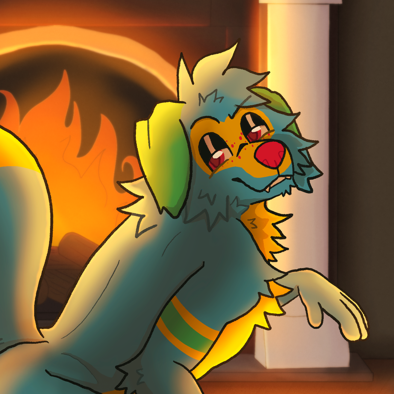 A colorful animated dog with a fluffy mane and red tongue, standing in front of a lit fireplace with flames, in a cozy room.