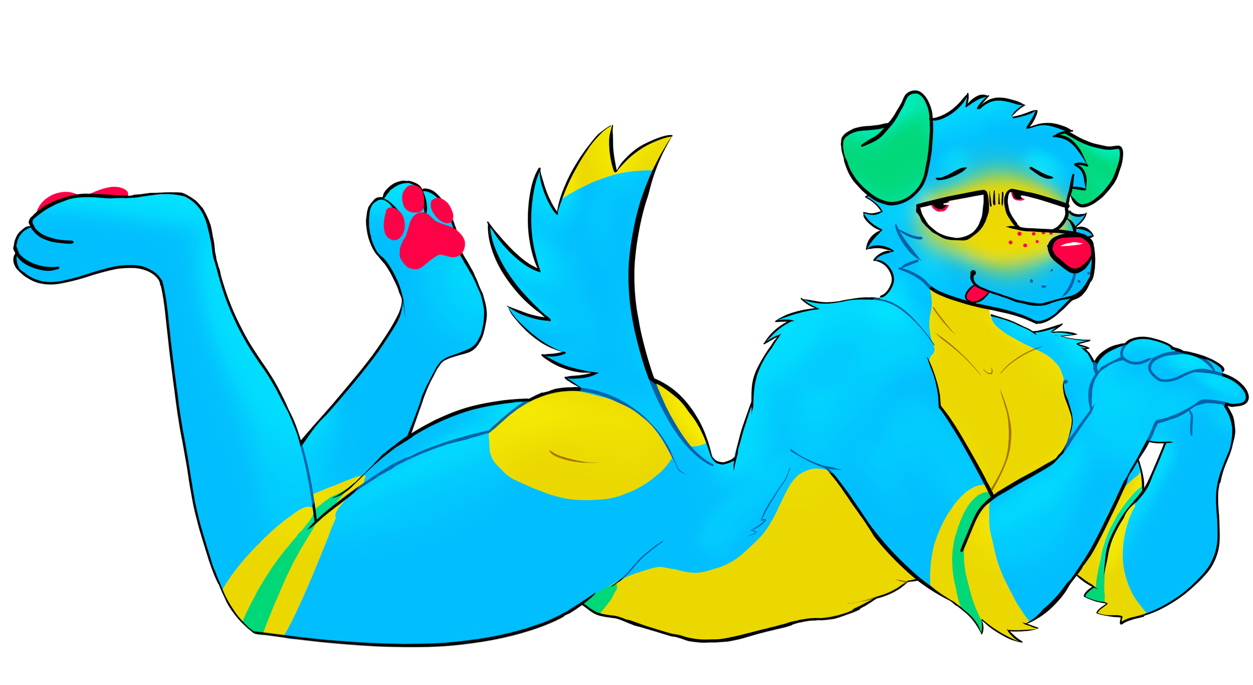 Colorful cartoon canine character lying on its side with its legs raised, looking playful and relaxed, with bright blue fur, a yellow underbelly, green ears, and a red nose, against a black background.