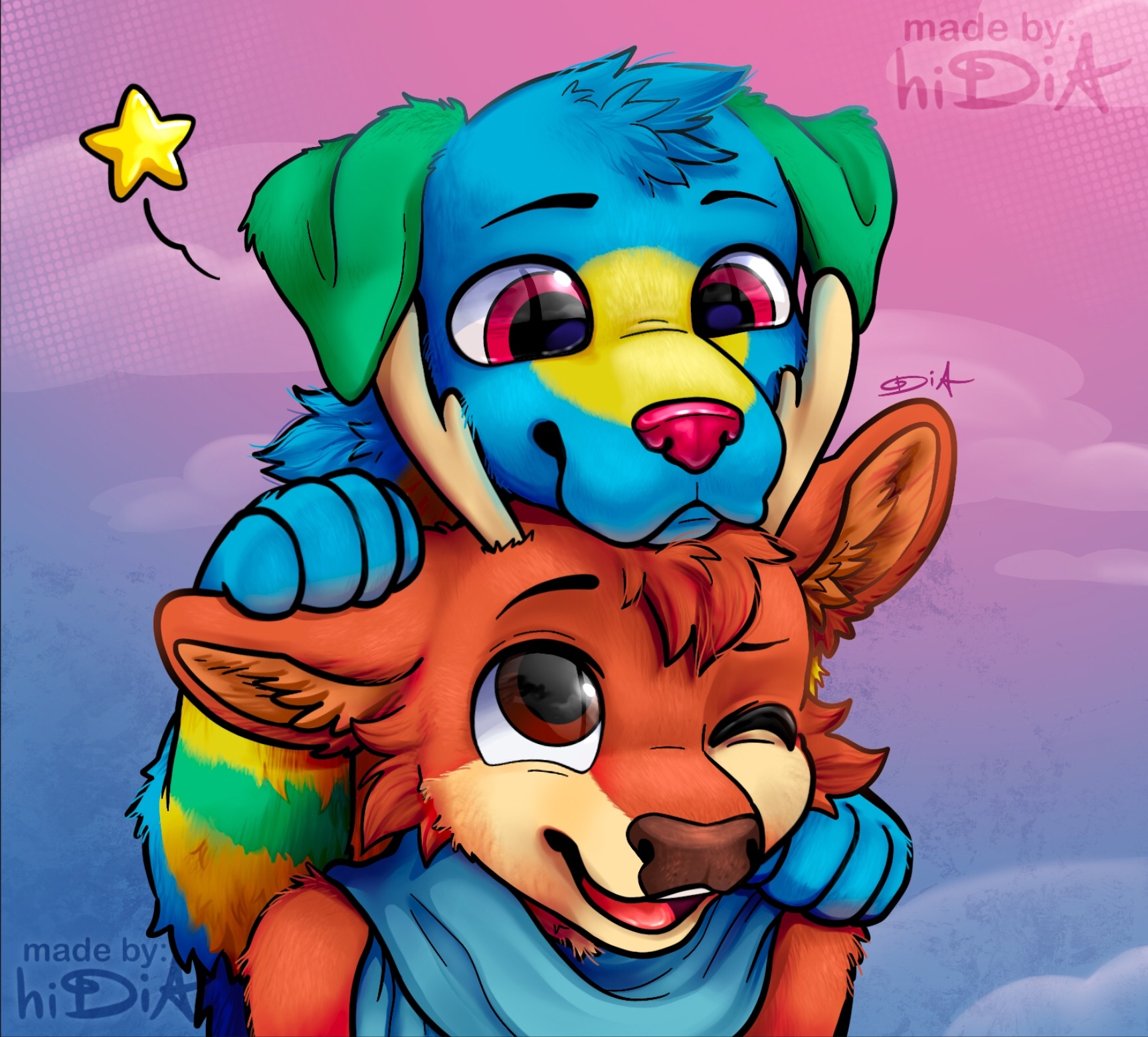 Colorful digital illustration of two anthropomorphic animals with vibrant fur and expressive faces. The top character is a blue and green dog with large, shiny eyes and a pink nose, holding onto the orange and brown fox beneath, which is winking and 