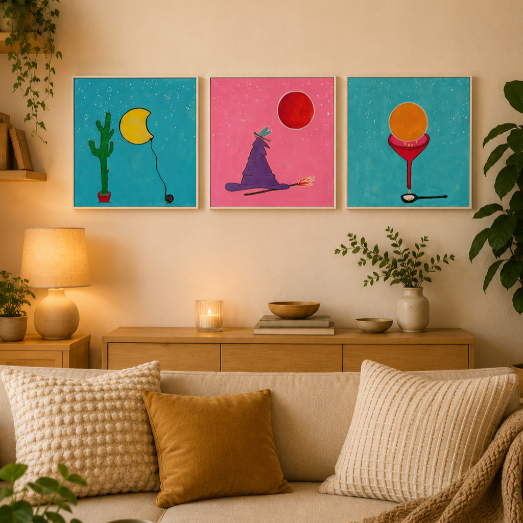 Quadri astratti con sfondi blu e rosa, raffiguranti oggetti insoliti come un cactus con palloncino, uno stregone con una bacchetta magica e un sole mentre una bilancia lo sostiene, appesi su una parete beige in un soggiorno decorato con piante, cande