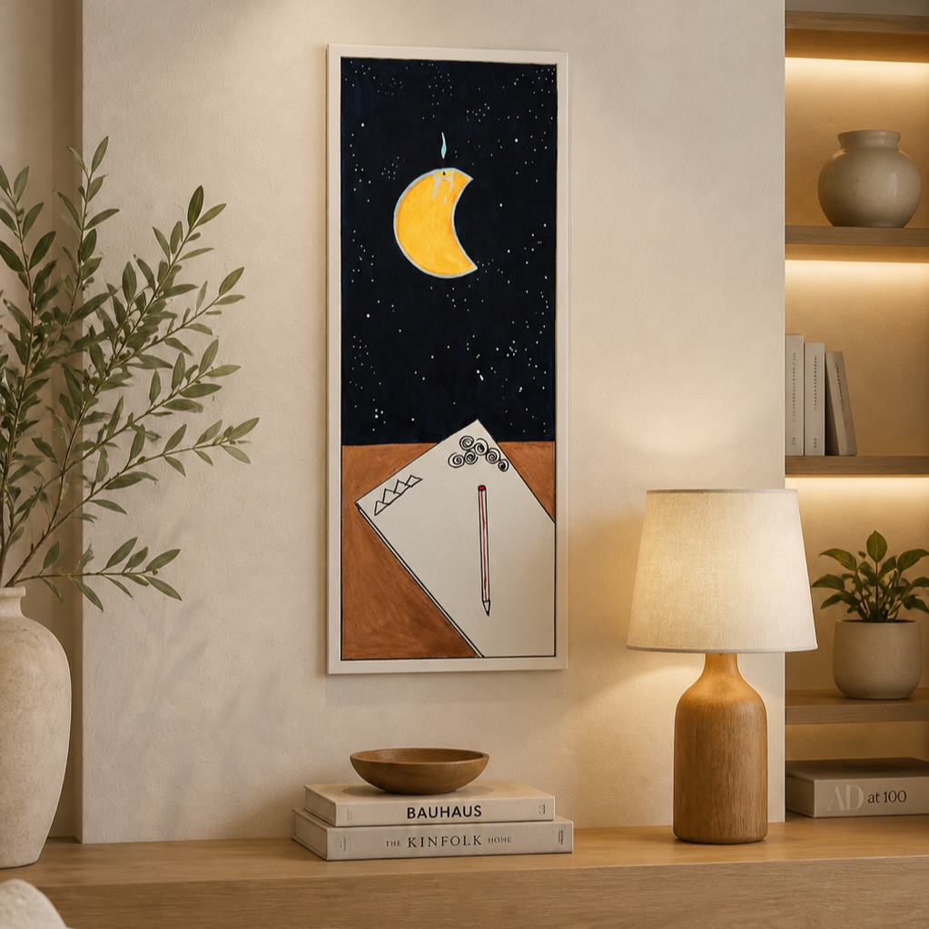 Quadro decorativo con disegno di luna a forma di mela, stelle e una superficie con carta, matita e alcuni schizzi