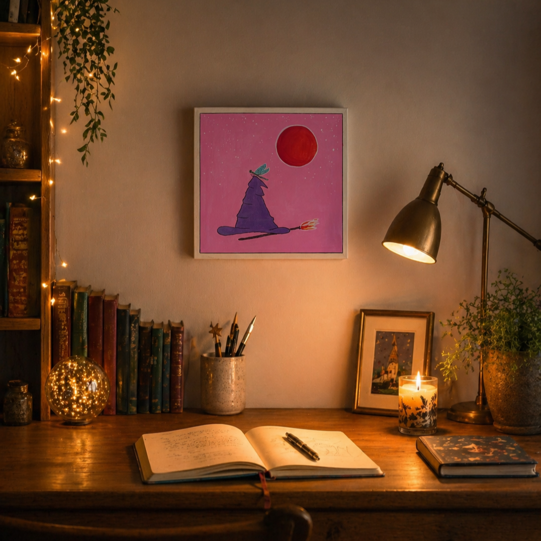 Una scrivania accogliente con un libro aperto e una penna, illuminata da una candela e una lampada da tavolo. Sullo sfondo, un quadro con un rubino, un libro con copertina decorata, e varie piante e decorazioni, creando un'atmosfera calda e luminosa.