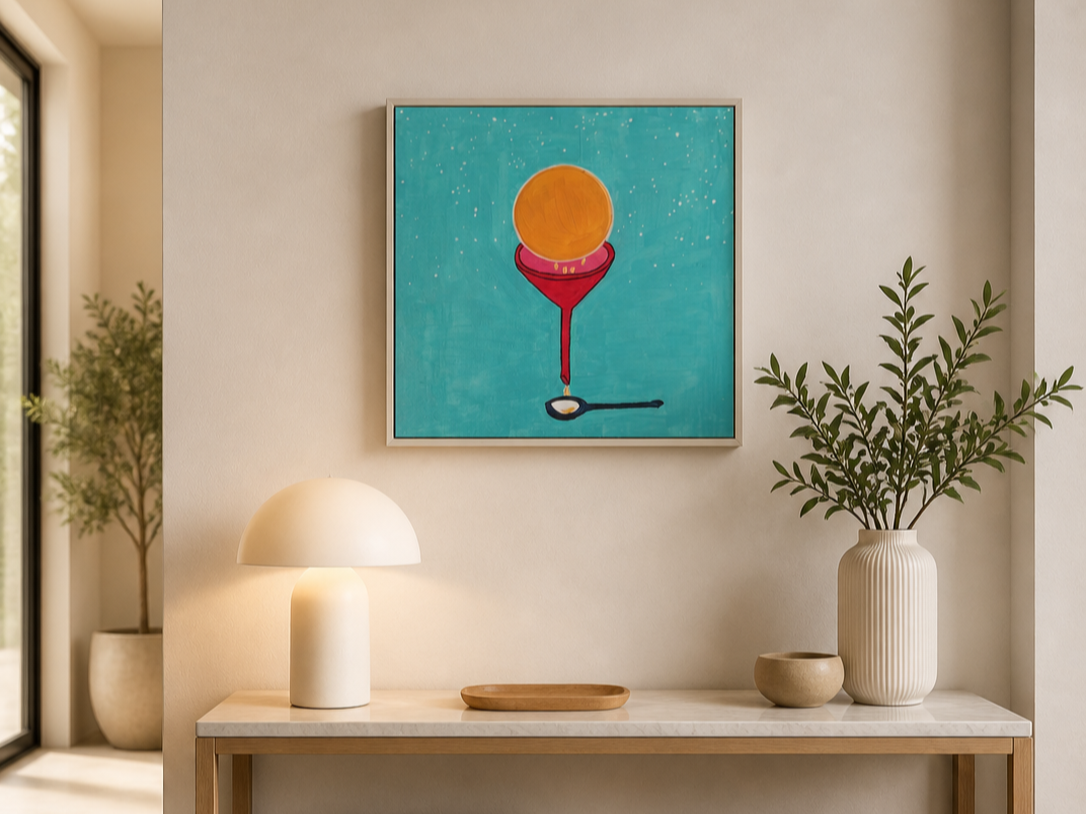 Interno di una stanza con un quadro astratto sulla parete, una lampada bianca, vasi con piante e un tavolo di legno con un piatto di legno sopra.