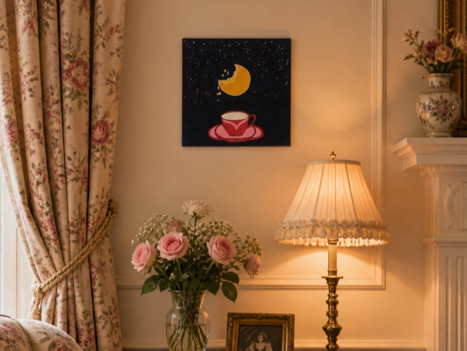 Interno elegante con tende floreali, lampada da tavolo accesa, fiore rosa in vaso e dipinto con luna e tazza sulla parete.
