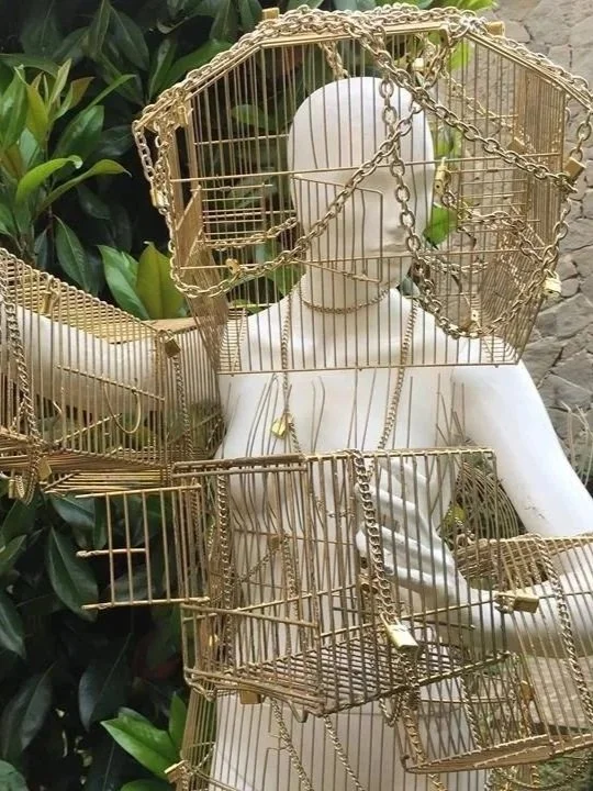 DANNATA UTOPIA - Installazione 2018
"Dannata Utopia" nasce come riflessione sull'illusione del benessere costruito sul possesso e sull'apparenza.

Un manichino femminile a grandezza naturale è avvolto da gabbie e catene dorate: simboli di una ricchez