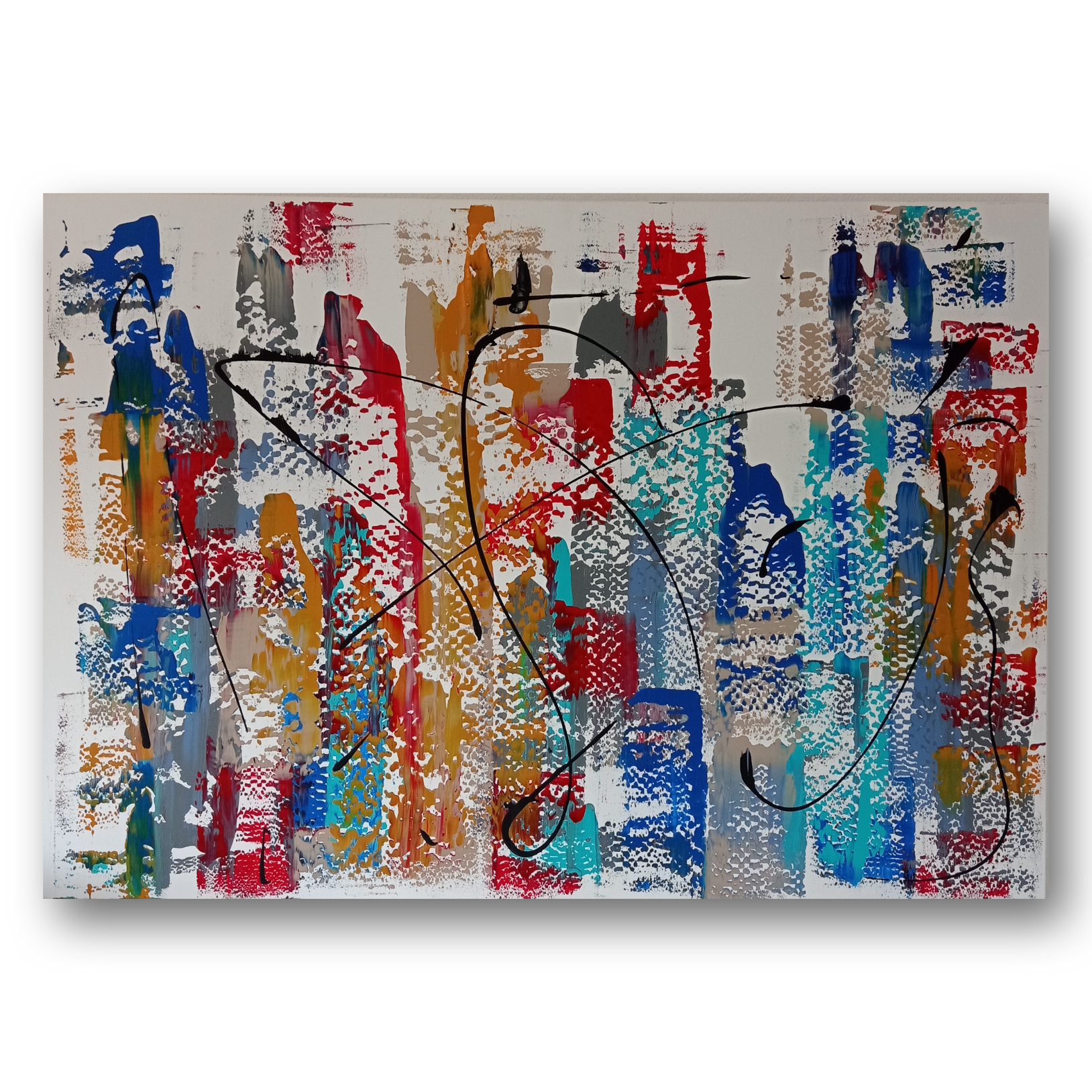 Scratch Art - Patrizia Pacini Art -Opera d'arte astratta con colori vivaci come rosso, blu, giallo e grigio, con linee nere che creano curve e tratti liberi.