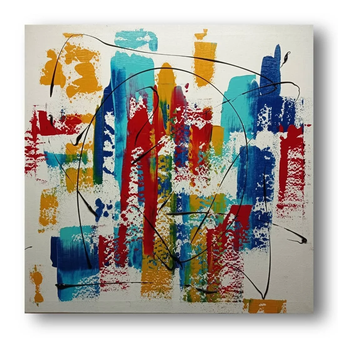 Scratch Art - Patrizia Pacini Art dipinto astratto con pennellate di colori vivaci come rosso, blu, giallo e verde, con linee nere curve e linee di fuga
