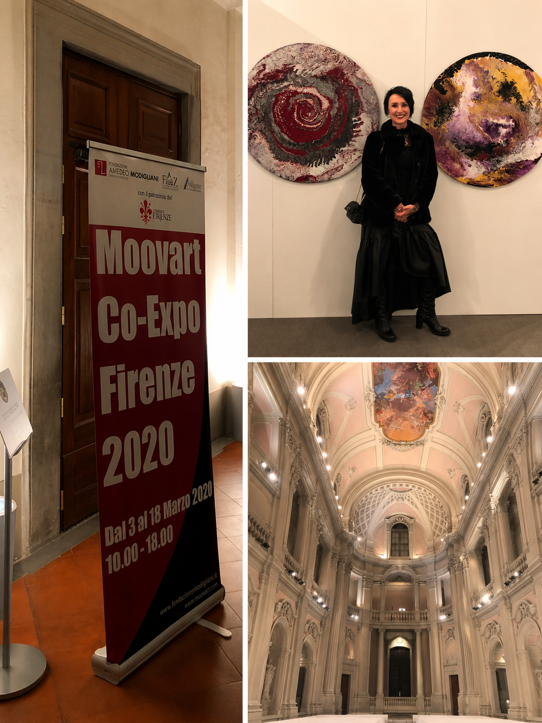 Patrizia Pacini artista davanti a due opere d'arte astratte, un'entrata di un palazzo storico con un soffitto dipinto e un cartellone pubblicitario per la mostra Moovart Co-Expo Firenze 2020.