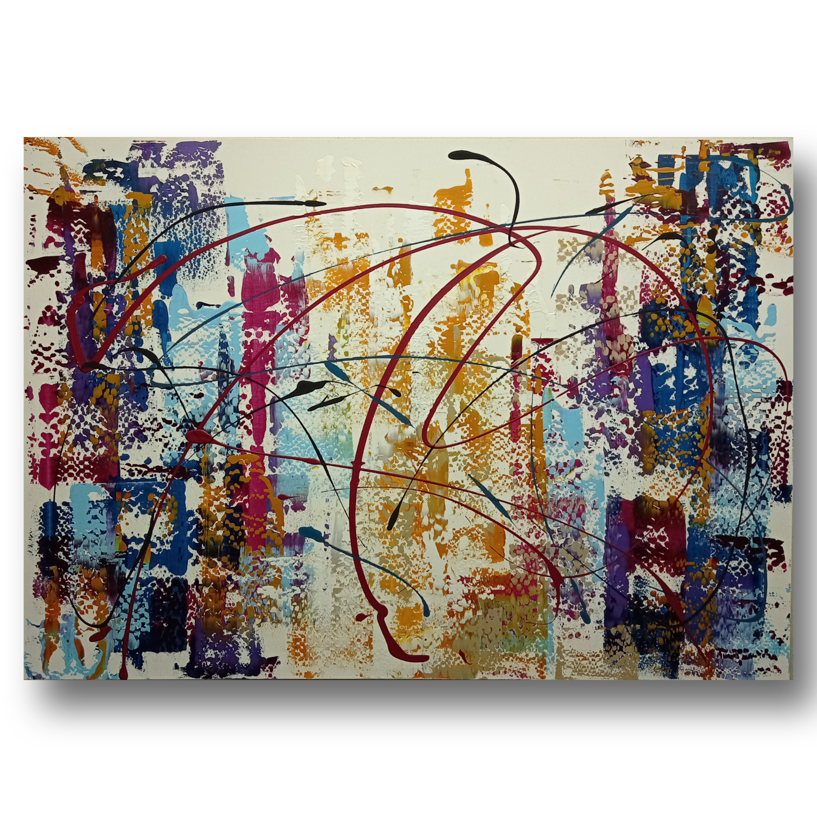Scratch Art - Patrizia Pacini Art Un dipinto astratto colorato con schizzi di vernice blu, viola, oro e rosso su uno sfondo chiaro, con linee ondulate nere e rosse che attraversano l'immagine.
