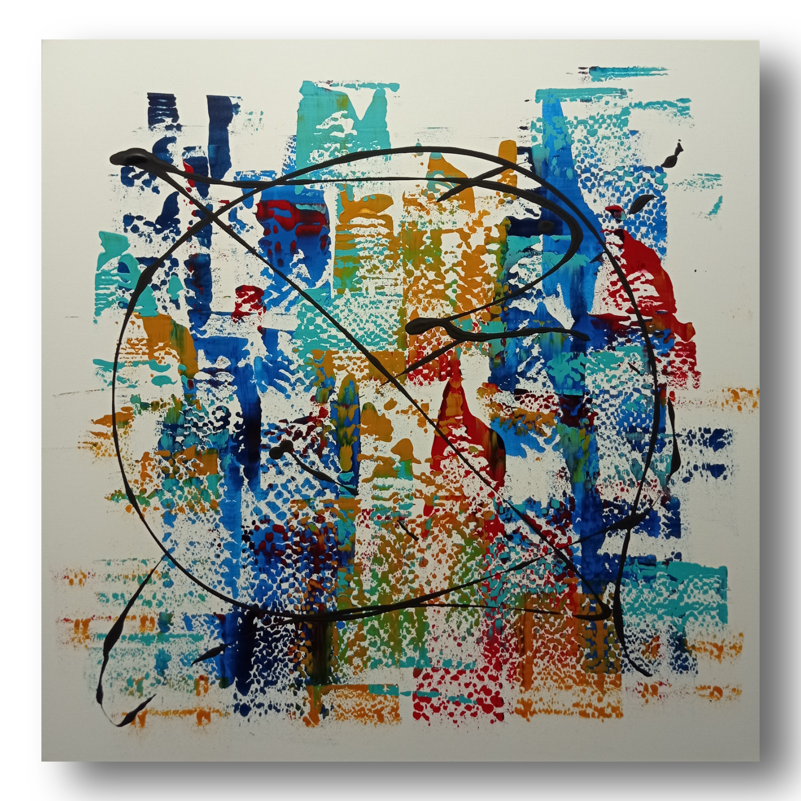 Scratch Art - Patrizia Pacini Art -Dipinto astratto colorato con linee nere che formano un ovale e linee che attraversano l'immagine, con uno sfondo di macchie di vernice blu, rosso, arancione, verde e nero.