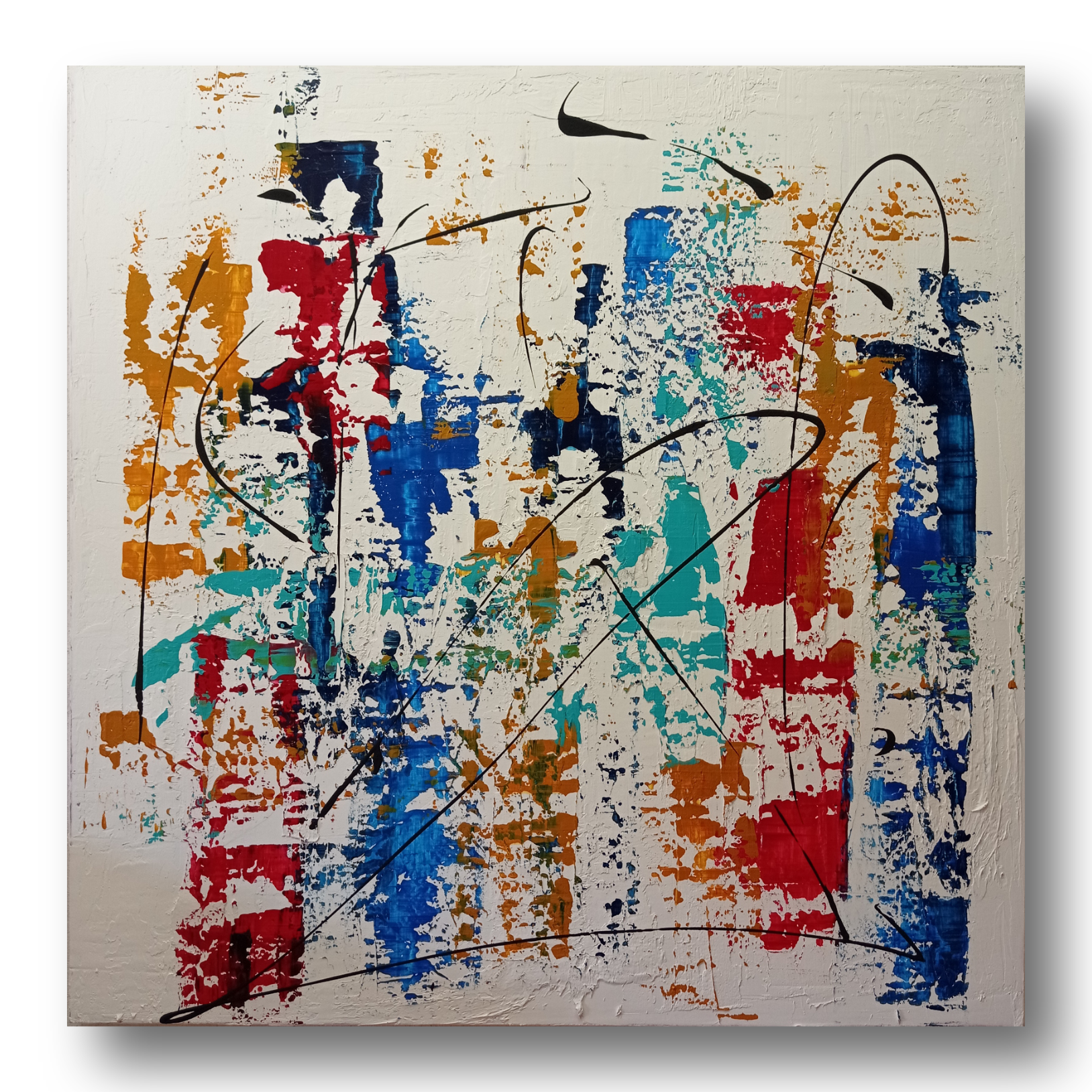 Scratch Art - Patrizia Pacini Art Dipinto astratto con macchie di colore blu, rosso, beige e giallo su sfondo bianco, con linee nere curve e dritte