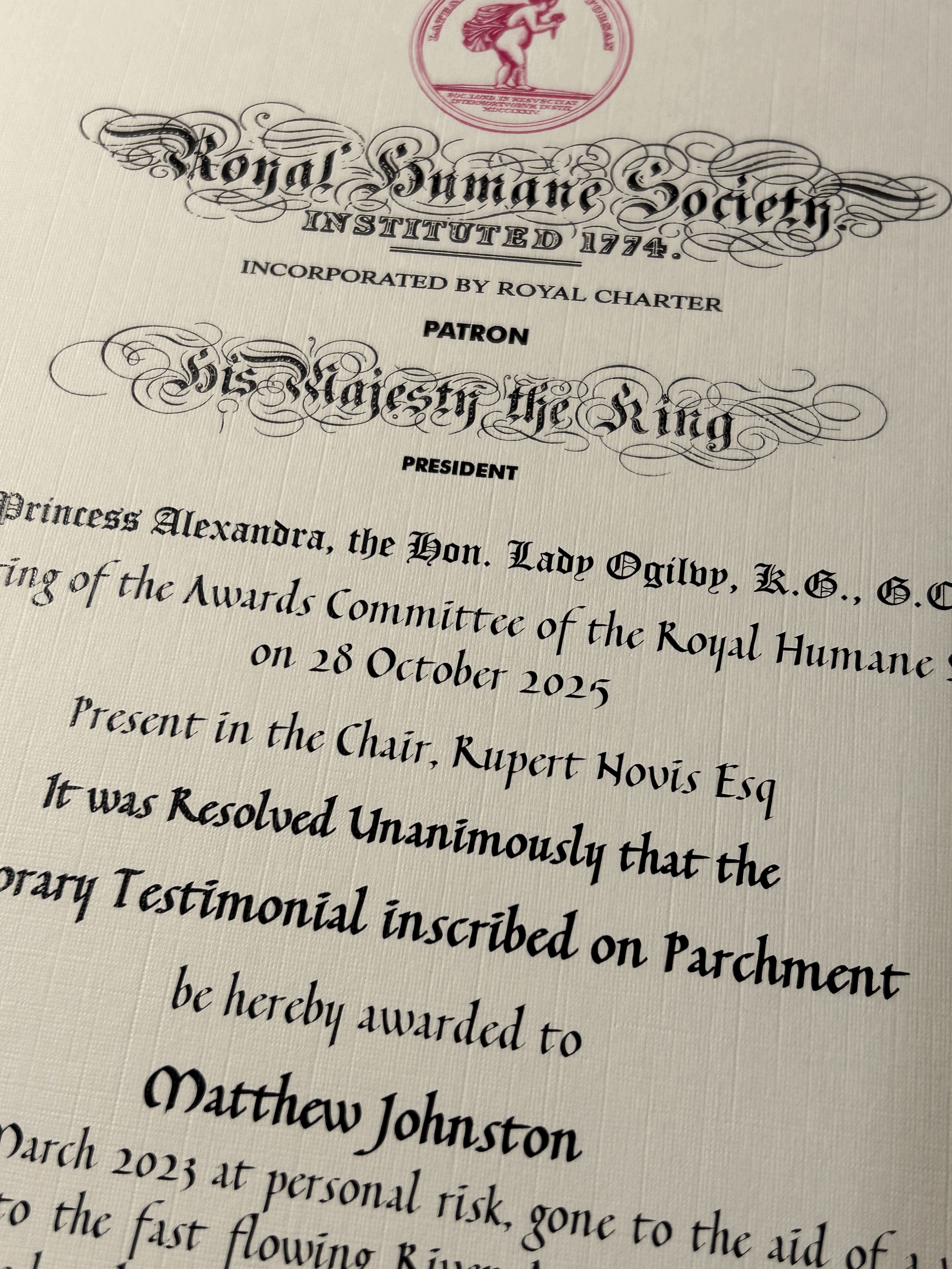 Honouring duty and custodianship. The Royal Humane Society Testimonial on Parchment awarded to TREE’s founder