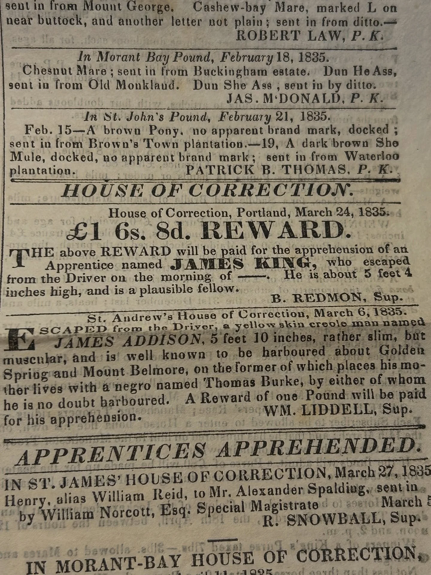This notice was printed in the Jamaica Gazette 11th April 1835, during the period known as &ldquo;apprenticeship&rdquo;, the system that replaced slavery after emancipation.

James King and James Addison were not enslaved. On paper, they were &ldquo;