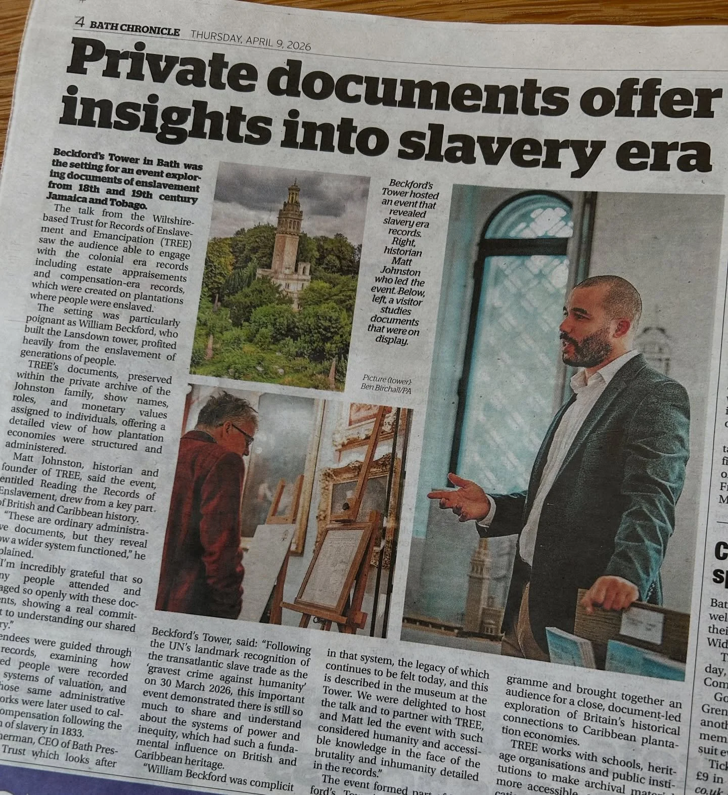 Recently featured in the Bath Chronicle following our sold out event &lsquo;Reading the Records of Enslavement&rsquo; at @beckfordstower.

The focus was on original primary sources and careful reading.

Always remarkable to see how people engage with