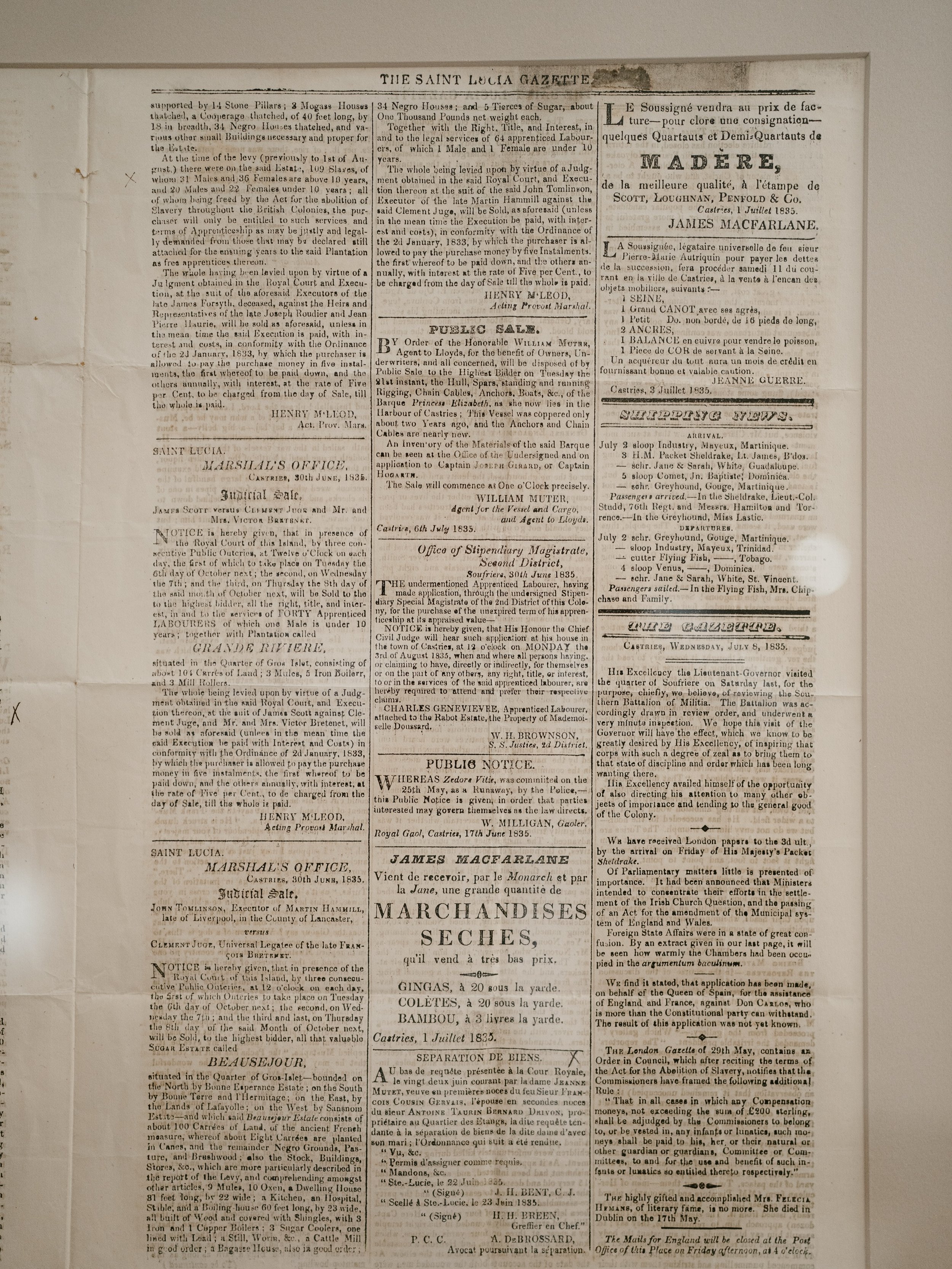 Content warning: Historical language and references to enslavement.

In July 1835, after the Slavery Abolition Act came into effect across most of the British Empire, the Saint Lucia Gazette advertised the sale of:

&ldquo;the legal services of 64 ap